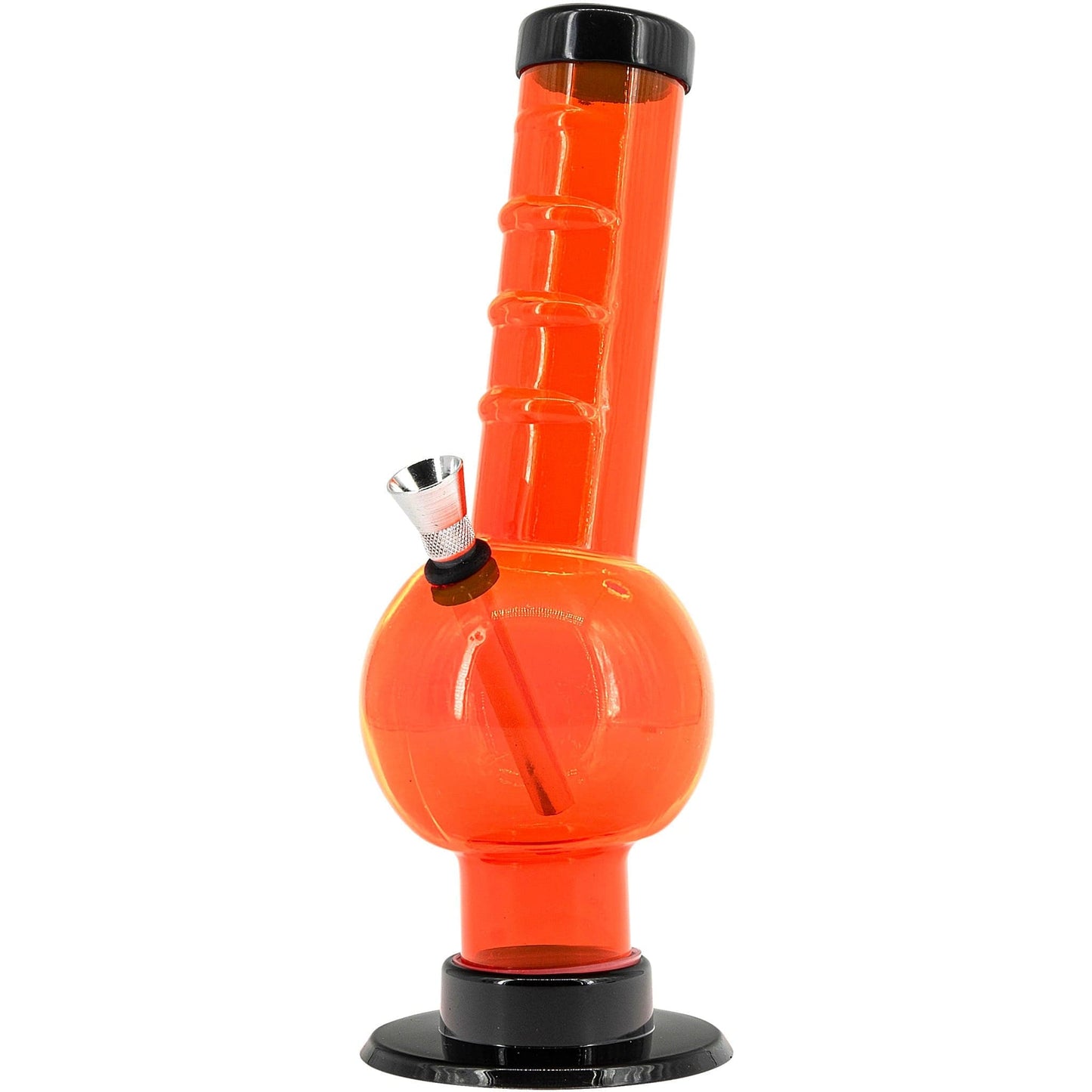Orange glass water pipe with a black base and bowl.