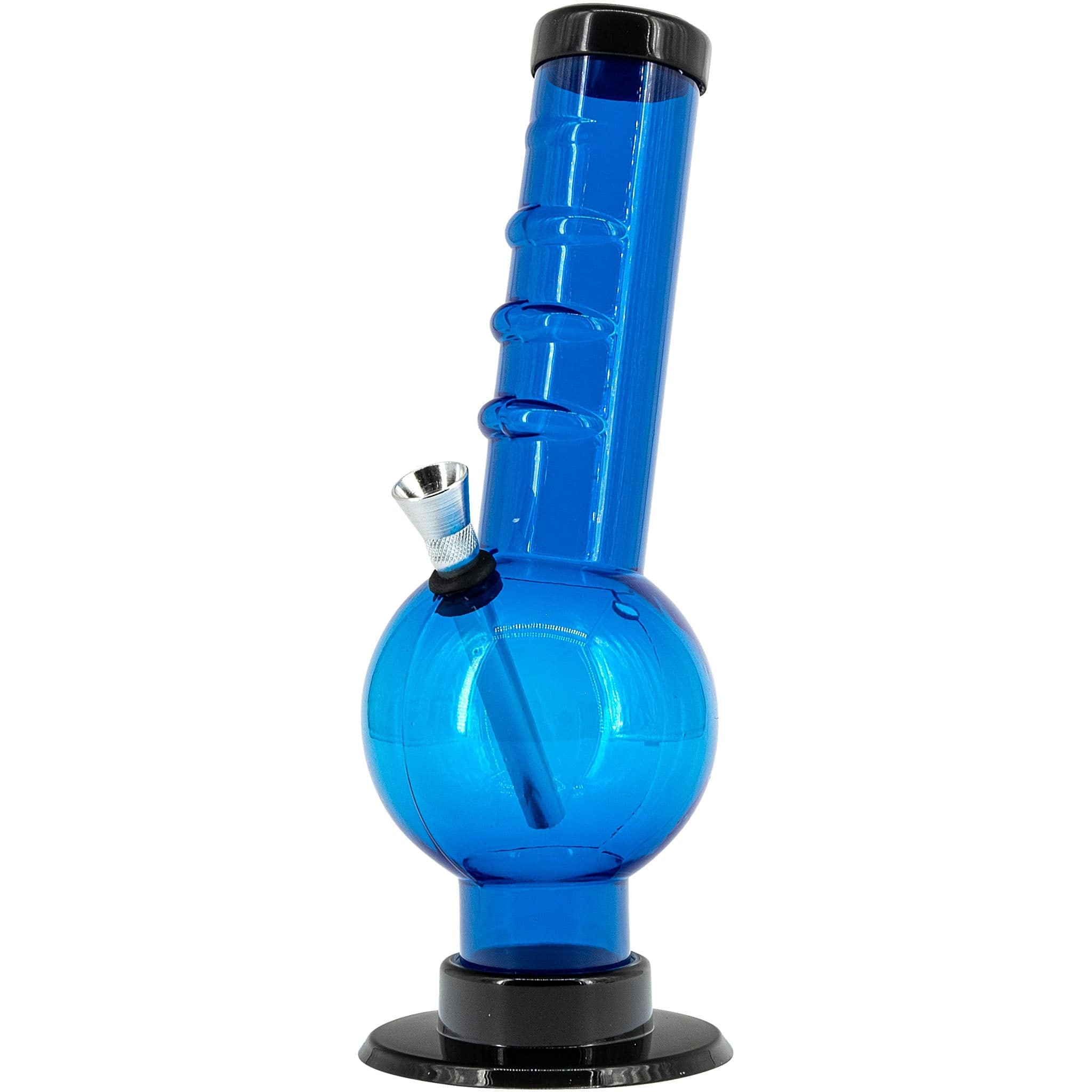 Blue glass water pipe with a clear bowl piece.