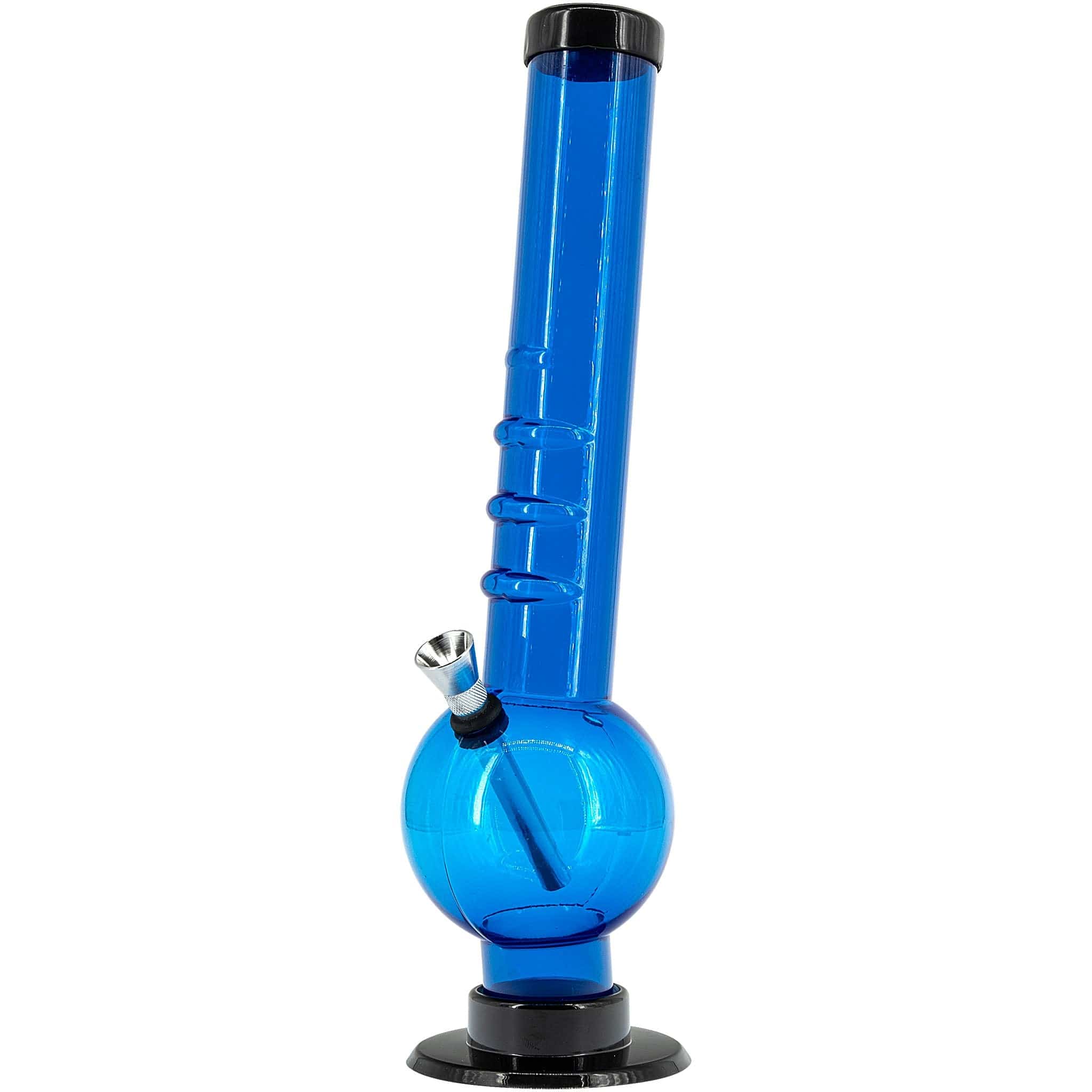 Blue glass water pipe with a glass bowl.