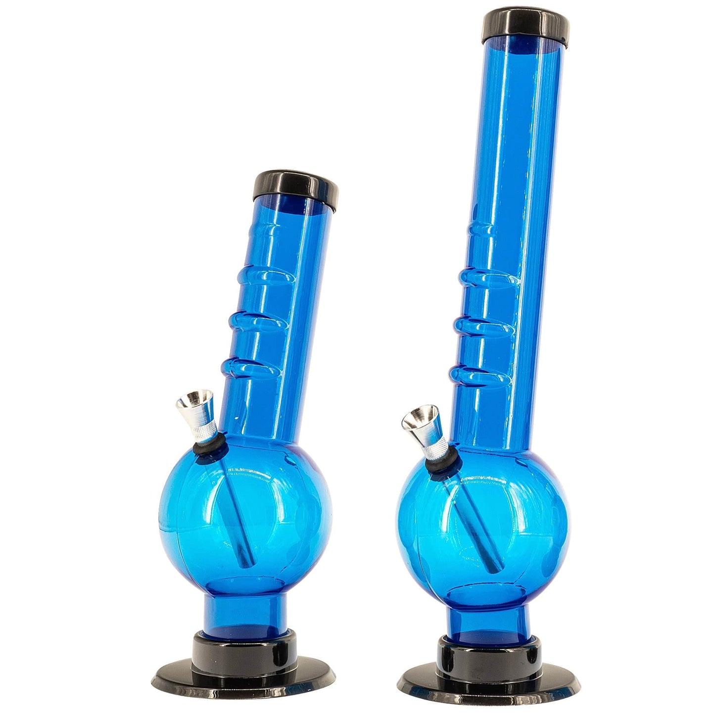 Two blue acrylic water pipes (bongs) with black bases and mouthpieces.