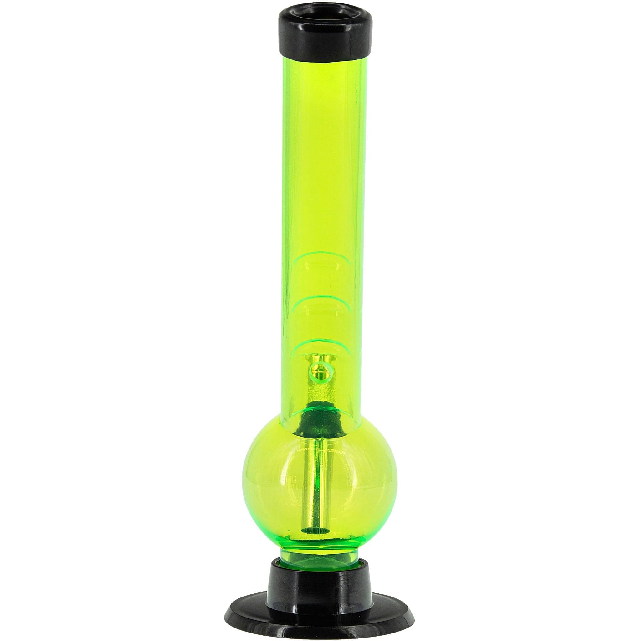 Neon green glass bong with black accents.