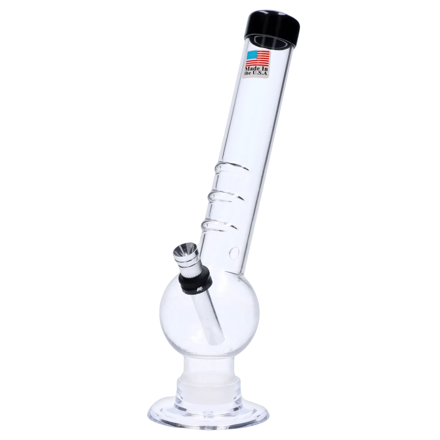 Angled close-up of the clear JM Plastics Bent Neck with Grip and Carb Hole Acrylic Bong - 8 in., showing its bent tube, grip rings, bowl and black mouthpiece.