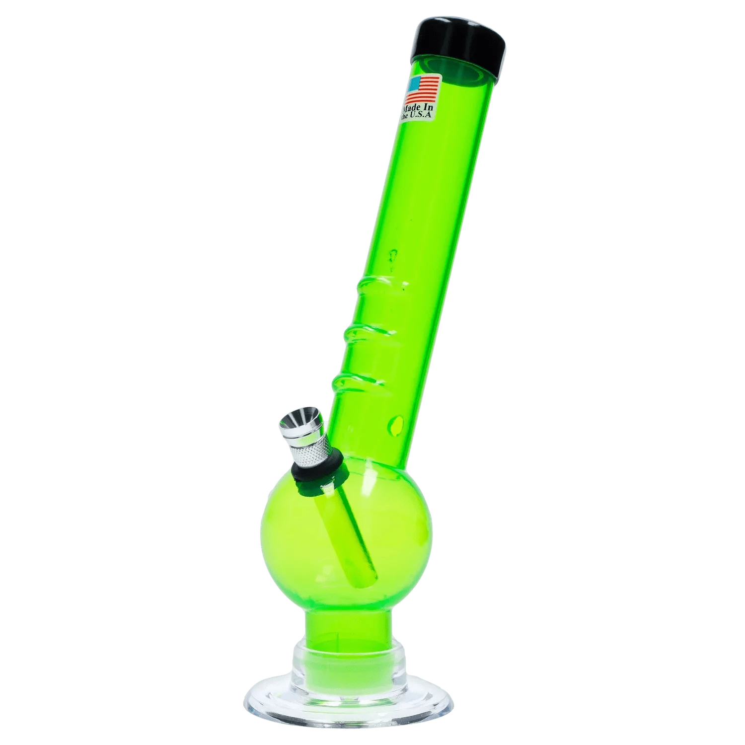 Angled close-up of the JM Plastics Bent Neck with Grip and Carb Hole Acrylic Bong - 8 in., showing its translucent light-green tube, rounded base, metal bowl and black mouthpiece.