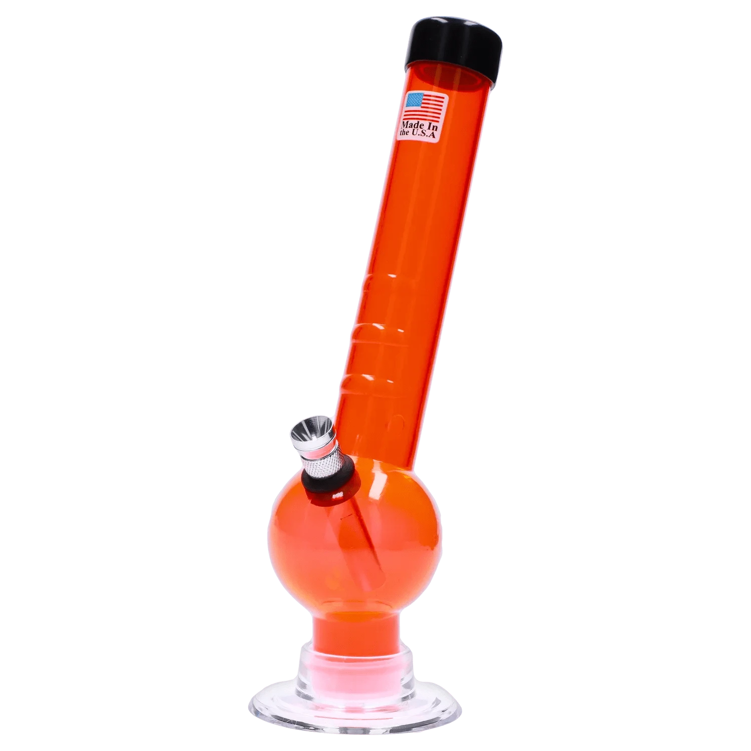 Angled front view of the JM Plastics Bent Neck with Grip and Carb Hole Acrylic Bong - 8 in., shown in translucent orange with a black cap and metal bowl.