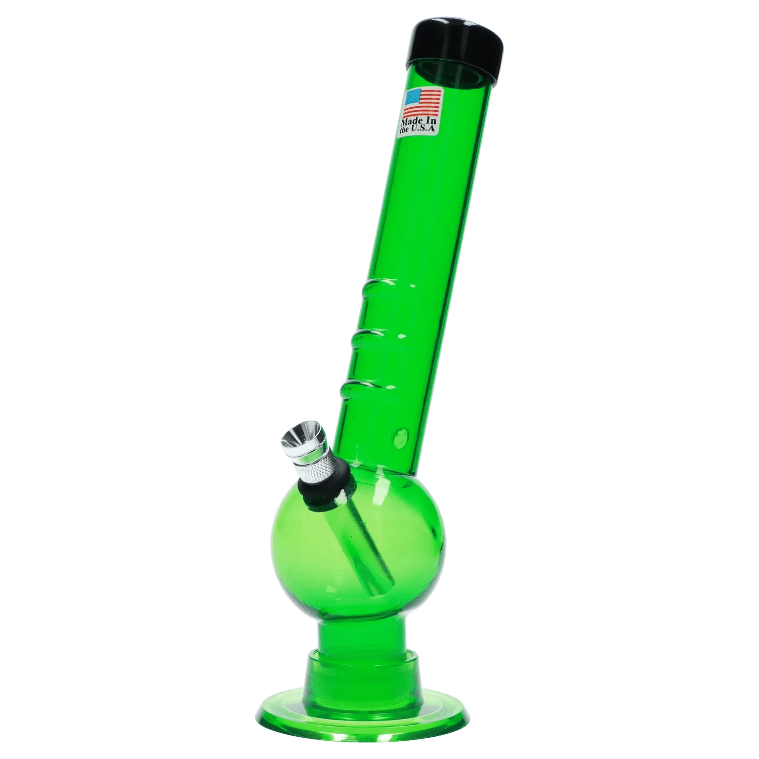 Angled front view of the JM Plastics Bent Neck with Grip and Carb Hole Acrylic Bong - 8 in., shown in translucent green with a black mouthpiece cap and metal bowl.