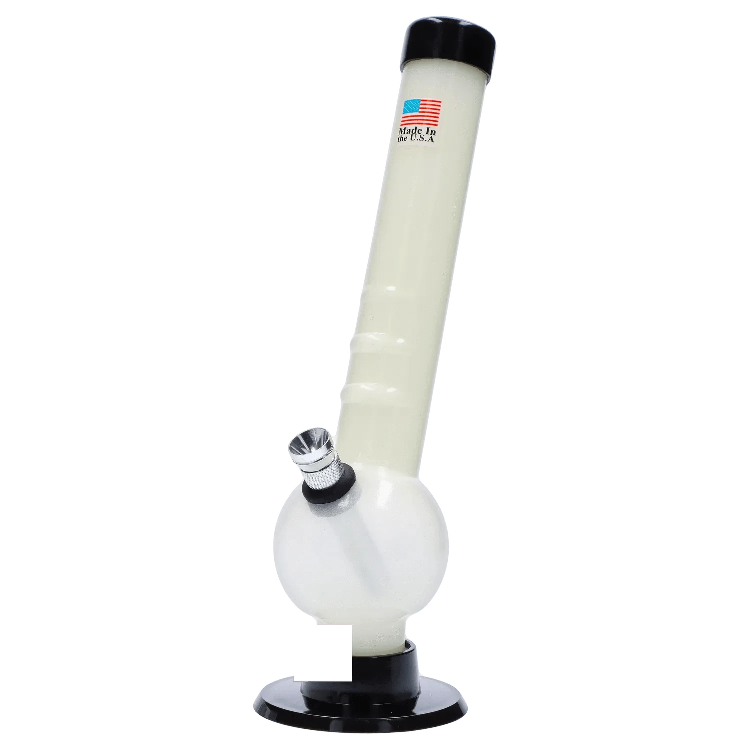 Angled front view of the JM Plastics Bent Neck with Grip and Carb Hole Acrylic Bong - 8 in., shown in pale purple with a round base, tilted neck, metal bowl, and black rim.