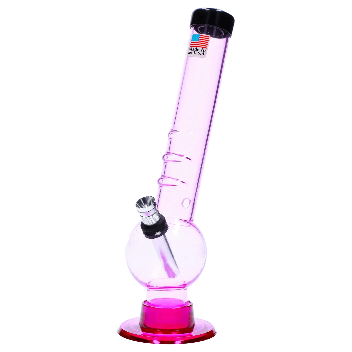 Angled close-up of the purple JM Plastics Bent Neck with Grip and Carb Hole Acrylic Bong - 8 in., showing its bent neck, spiral grip rings, metal bowl, and rounded base.