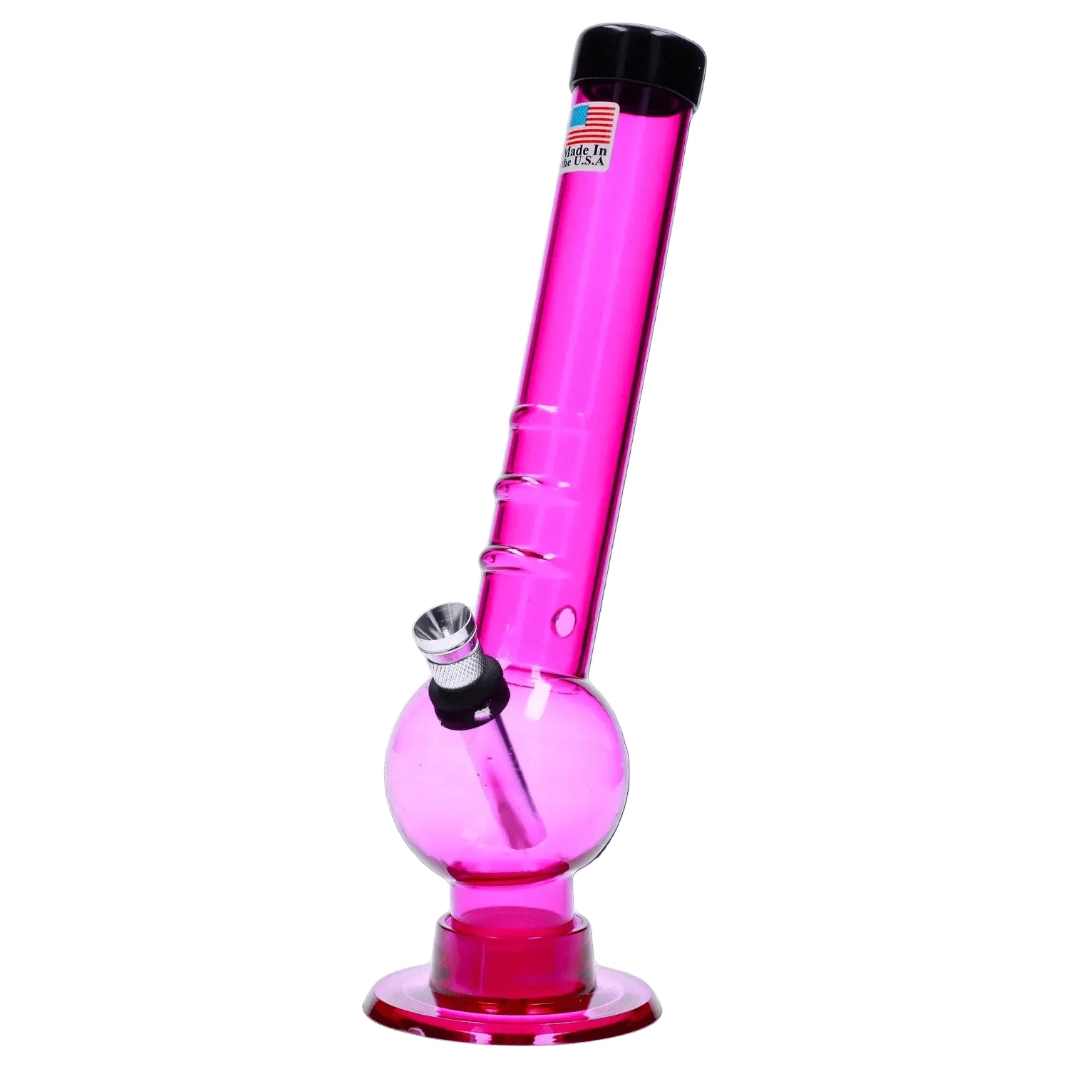 Angled close-up of the purple JM Plastics Bent Neck with Grip and Carb Hole Acrylic Bong - 8 in., showing its bent neck, grip rings, and bowl.