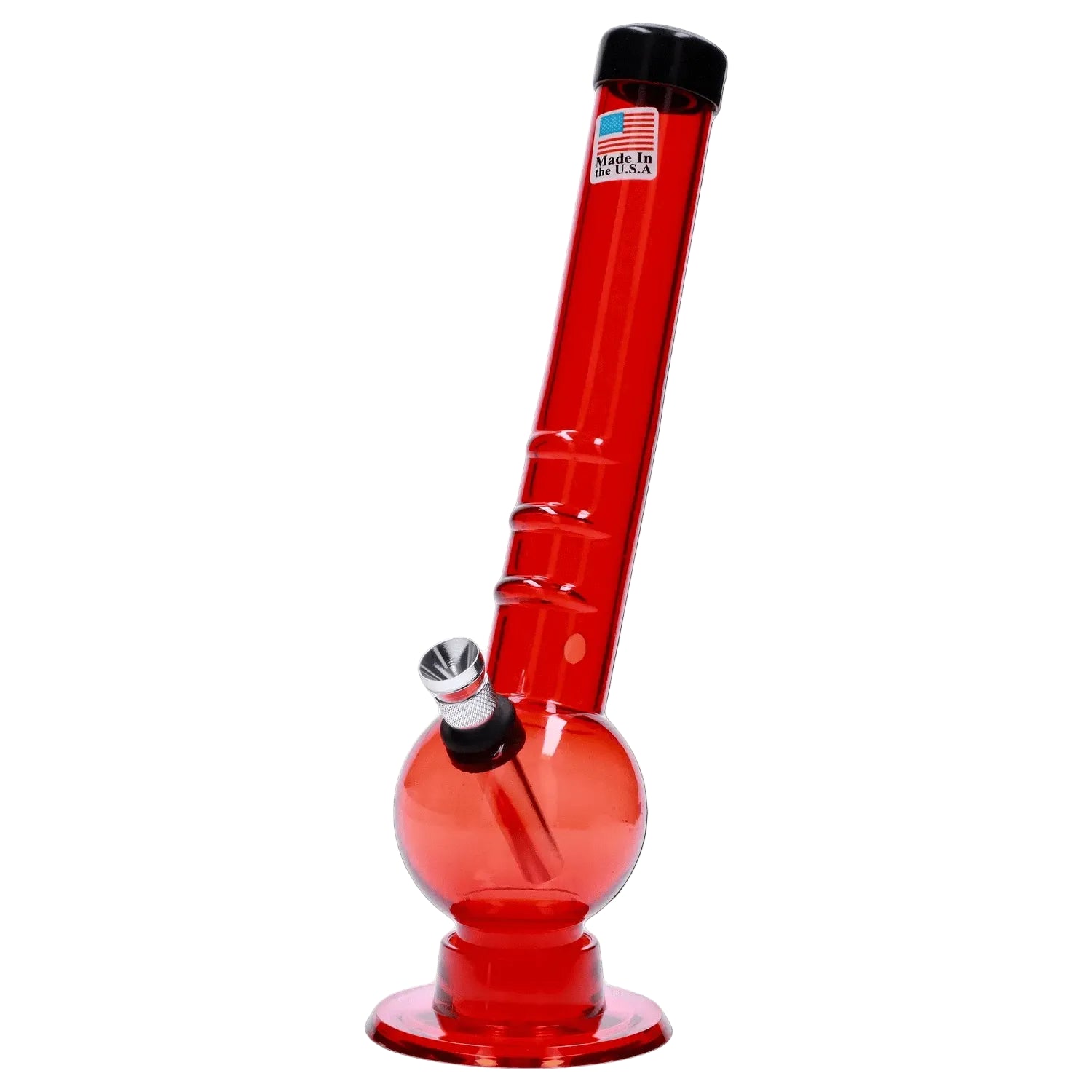 Angled close-up of the red JM Plastics Bent Neck with Grip and Carb Hole Acrylic Bong - 8 in., showing its bent neck, grip indents, bowl and round base against a white background