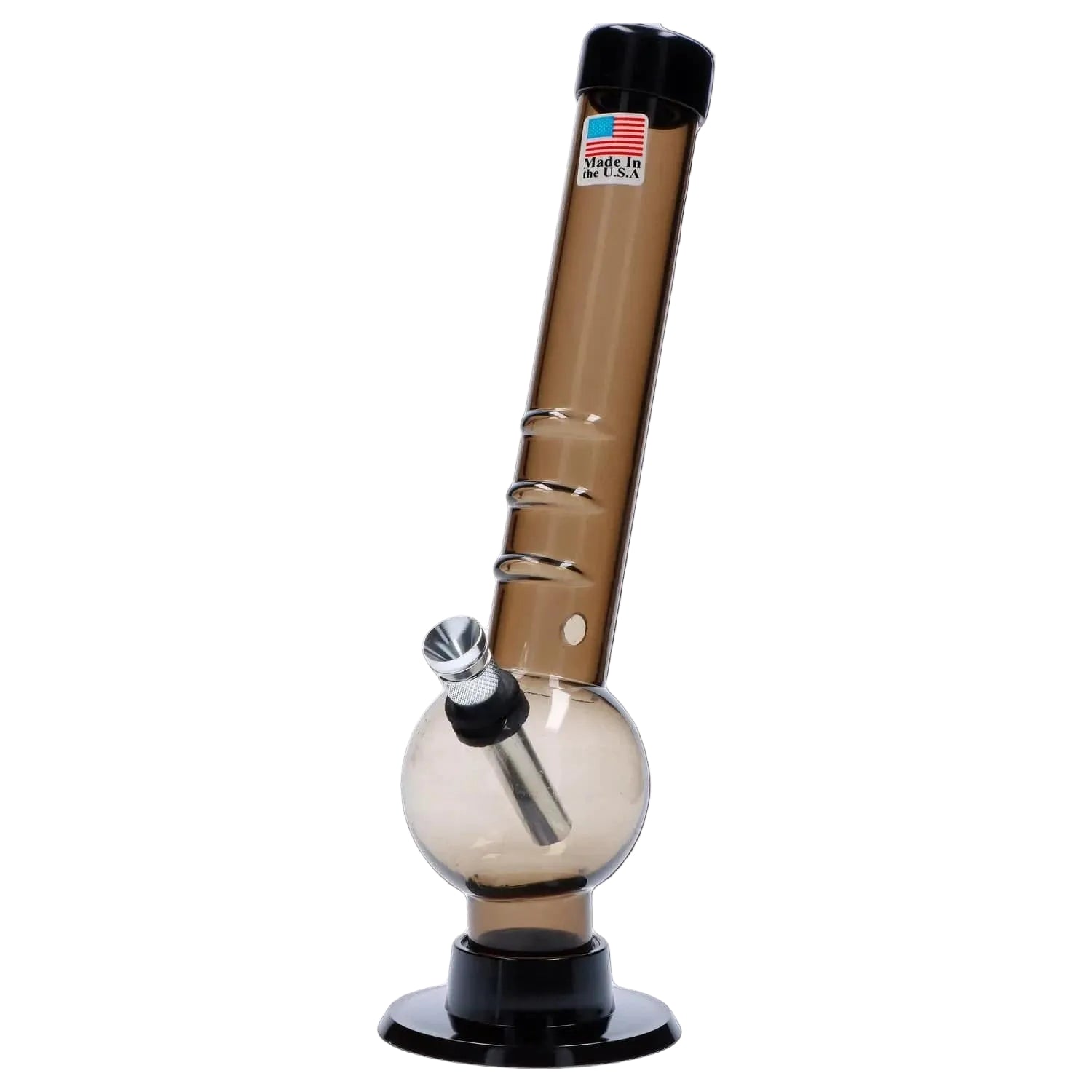 Angled front view of the JM Plastics Bent Neck with Grip and Carb Hole Acrylic Bong - 8 in., showing its smoky brown tube, round water chamber, metal downstem and black base.