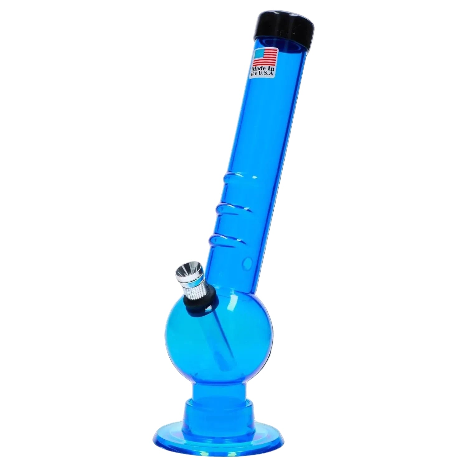 Angled close-up of a clear blue tube showing the JM Plastics Bent Neck with Grip and Carb Hole Acrylic Bong - 8 in., tilted with a black mouthpiece and metal bowl.