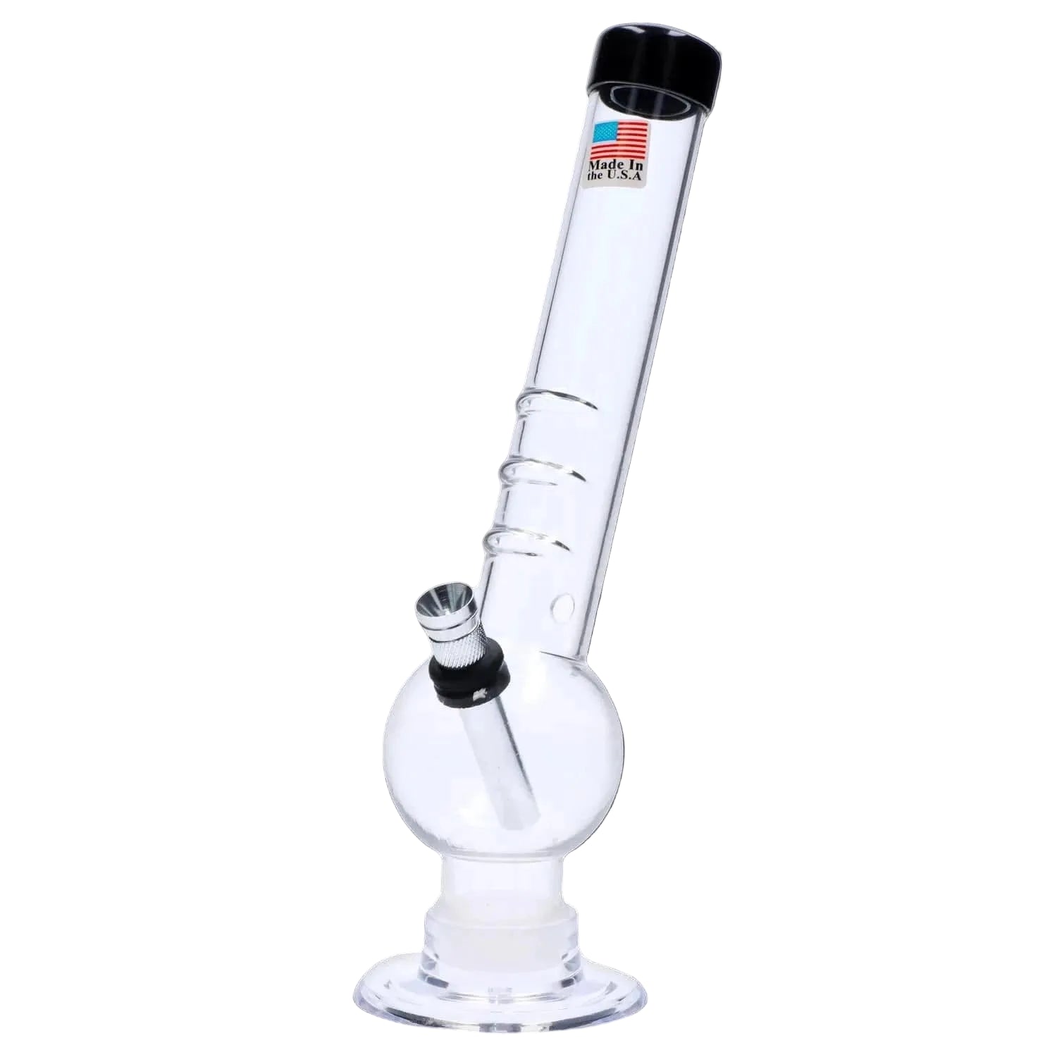 Angled view of the clear JM Plastics Bent Neck with Grip and Carb Hole Acrylic Bong - 8 in., showing its bent neck, grip rings, bowl and "Made in the U.S.A." sticker on a white background