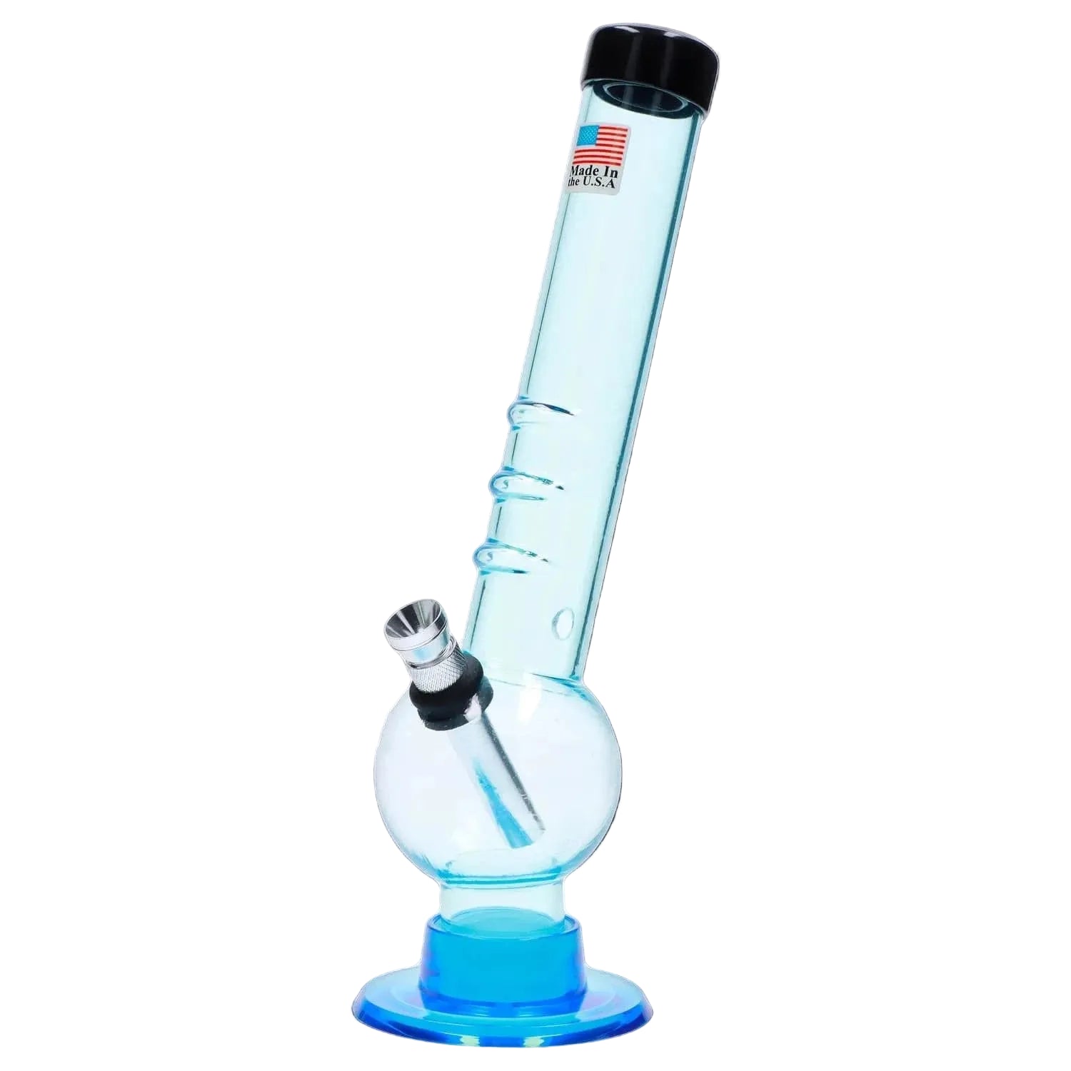 Angled view of the clear JM Plastics Bent Neck with Grip and Carb Hole Acrylic Bong - 8 in., showing its bent neck, three grip rings, round base chamber and metal bowl against a white background