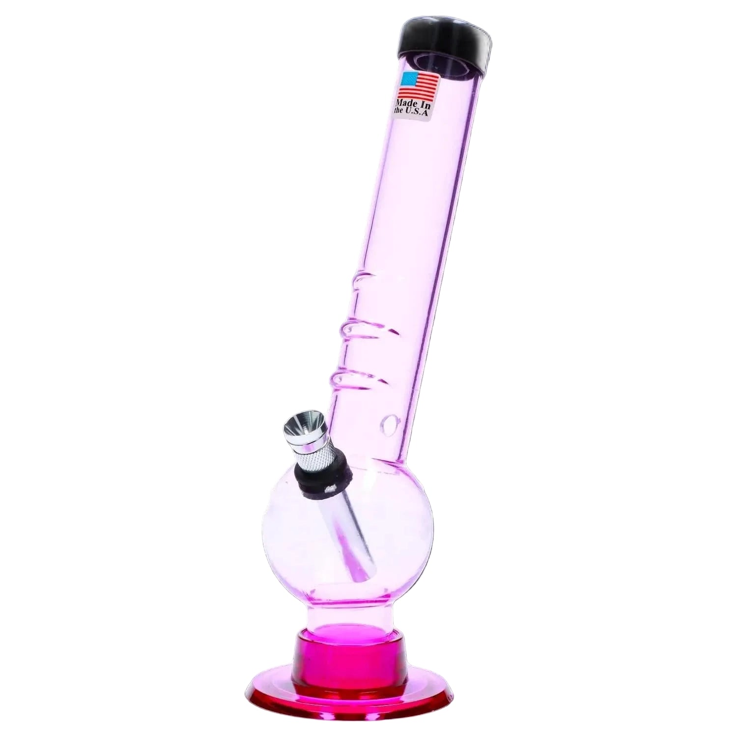 Angled close-up of the clear purple-tinted JM Plastics Bent Neck with Grip and Carb Hole Acrylic Bong - 8 in., on white.