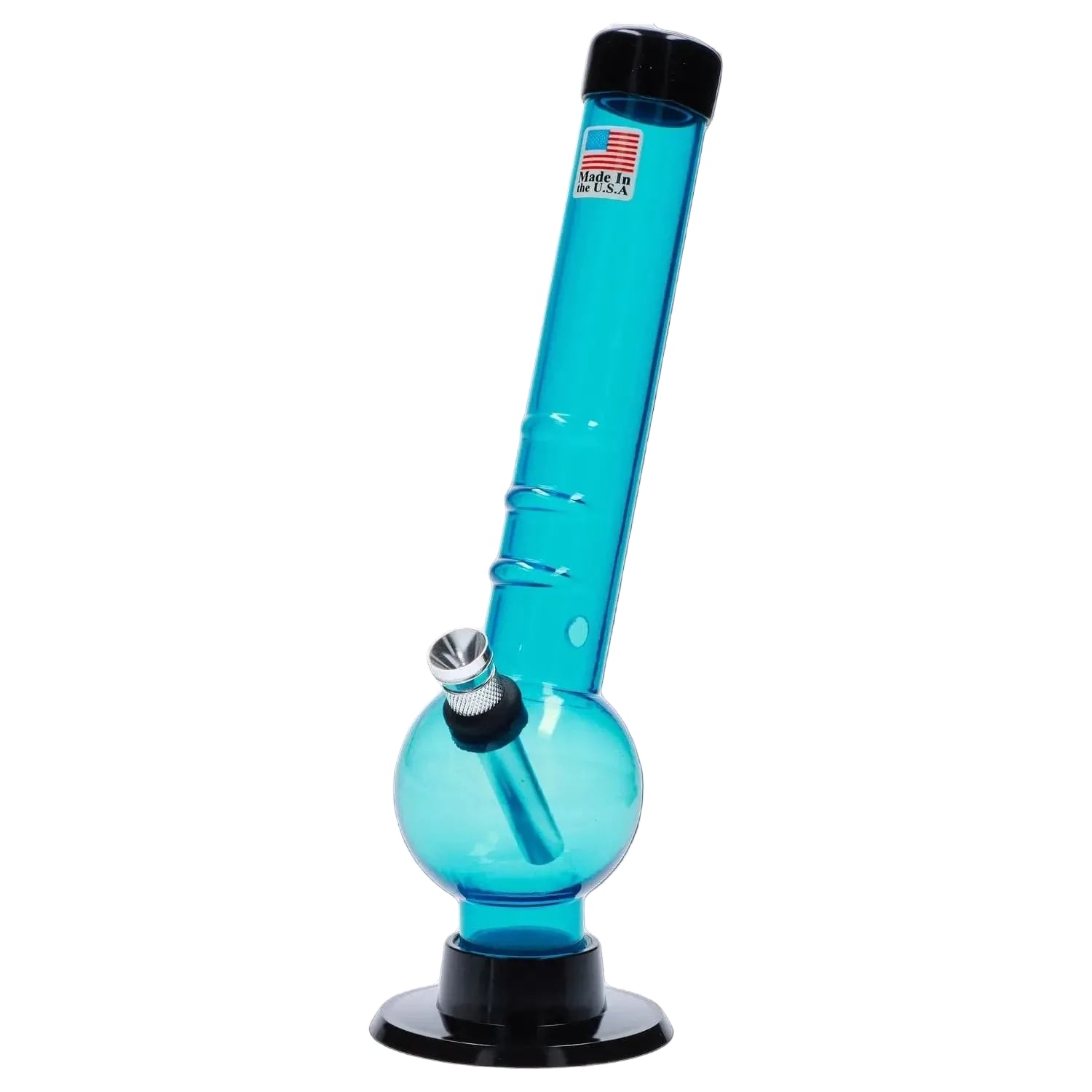Angled close-up of the blue 8-inch JM Plastics Bent Neck with Grip and Carb Hole Acrylic Bong showing its round base, bent tube, and black mouthpiece.