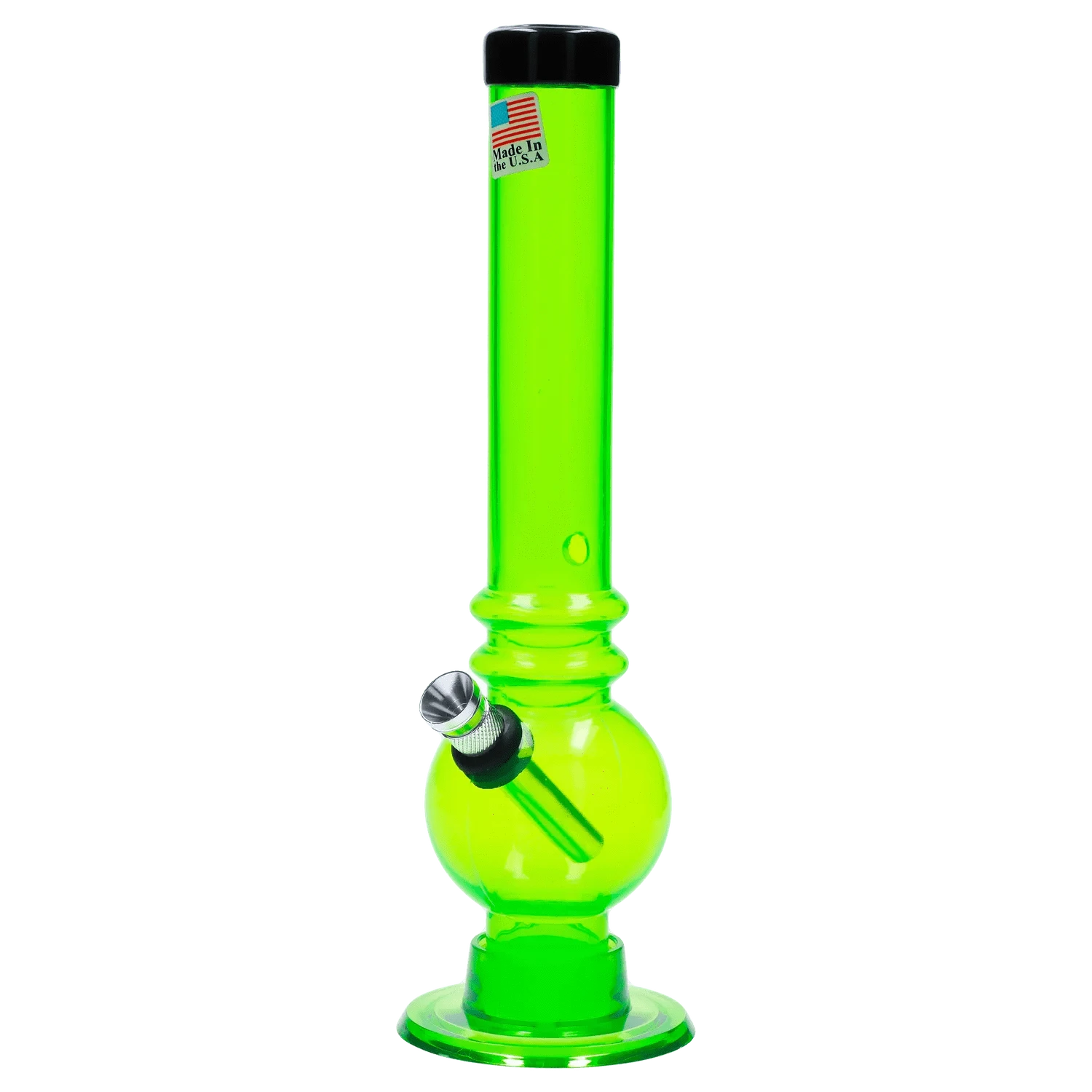 Front-facing view of the JM Plastics Bubble Base with Grip and Carb Hole Acrylic Bong - 8 in., shown in translucent neon green with a black mouthpiece cap and metal downstem bowl.