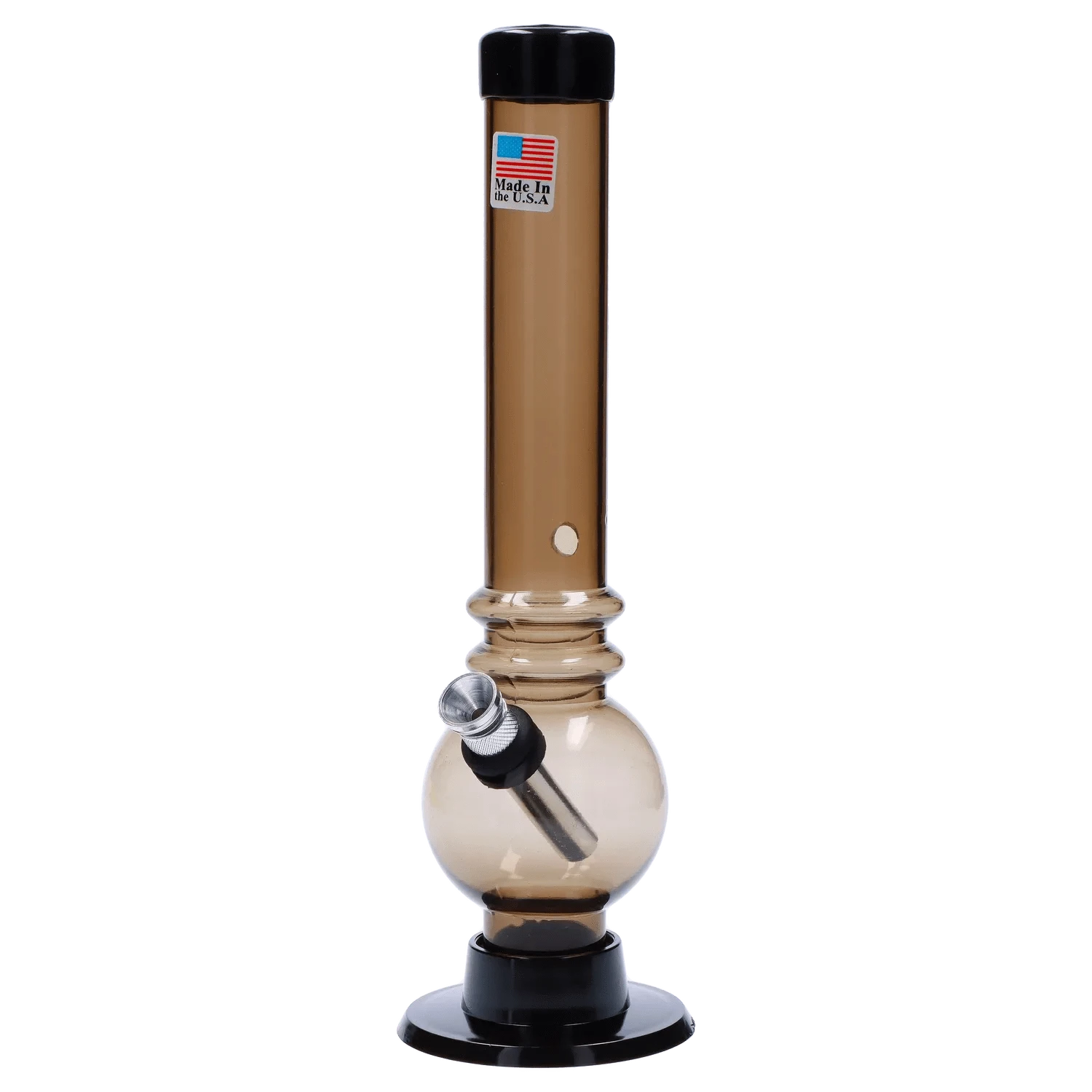 Centered front view of the JM Plastics Bubble Base with Grip and Carb Hole Acrylic Bong - 8 in. in smoky yellow, shown upright on a black base against a white background.