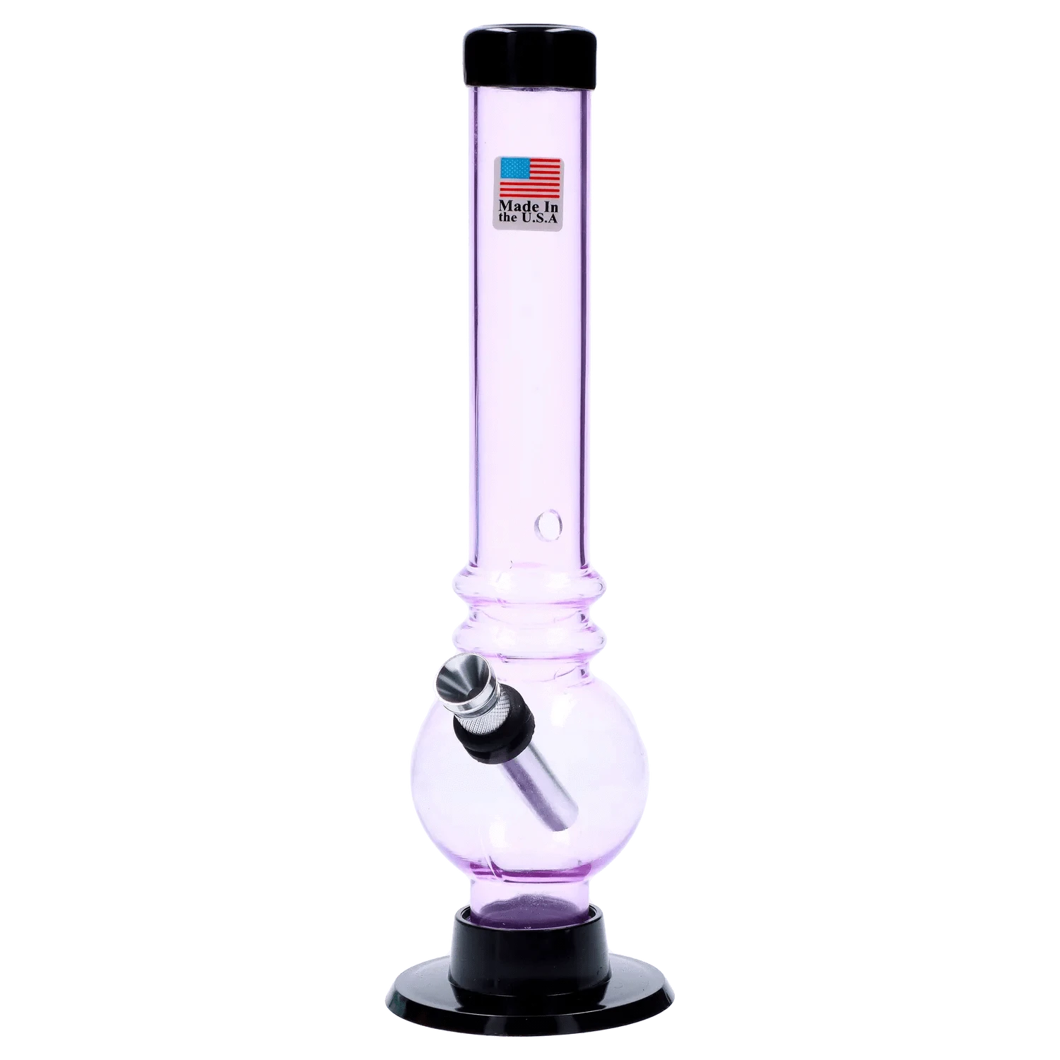 Front view of the JM Plastics Bubble Base with Grip and Carb Hole Acrylic Bong - 8 in. showing a translucent purple straight tube with a black rim, round bubble chamber, angled metal downstem, and black base.