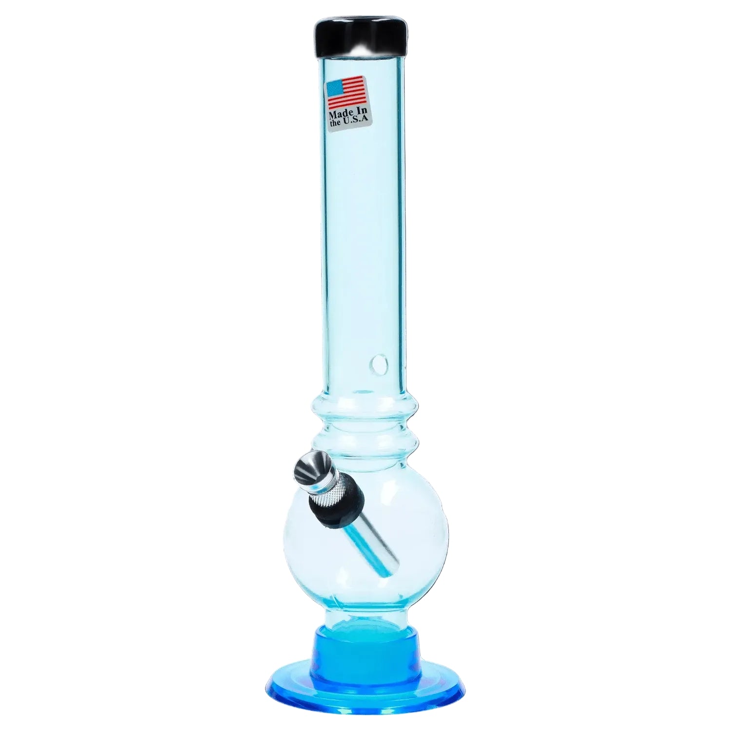 Vertical front view of the JM Plastics Bubble Base with Grip and Carb Hole Acrylic Bong - 8 in., shown in translucent light blue against a white background.