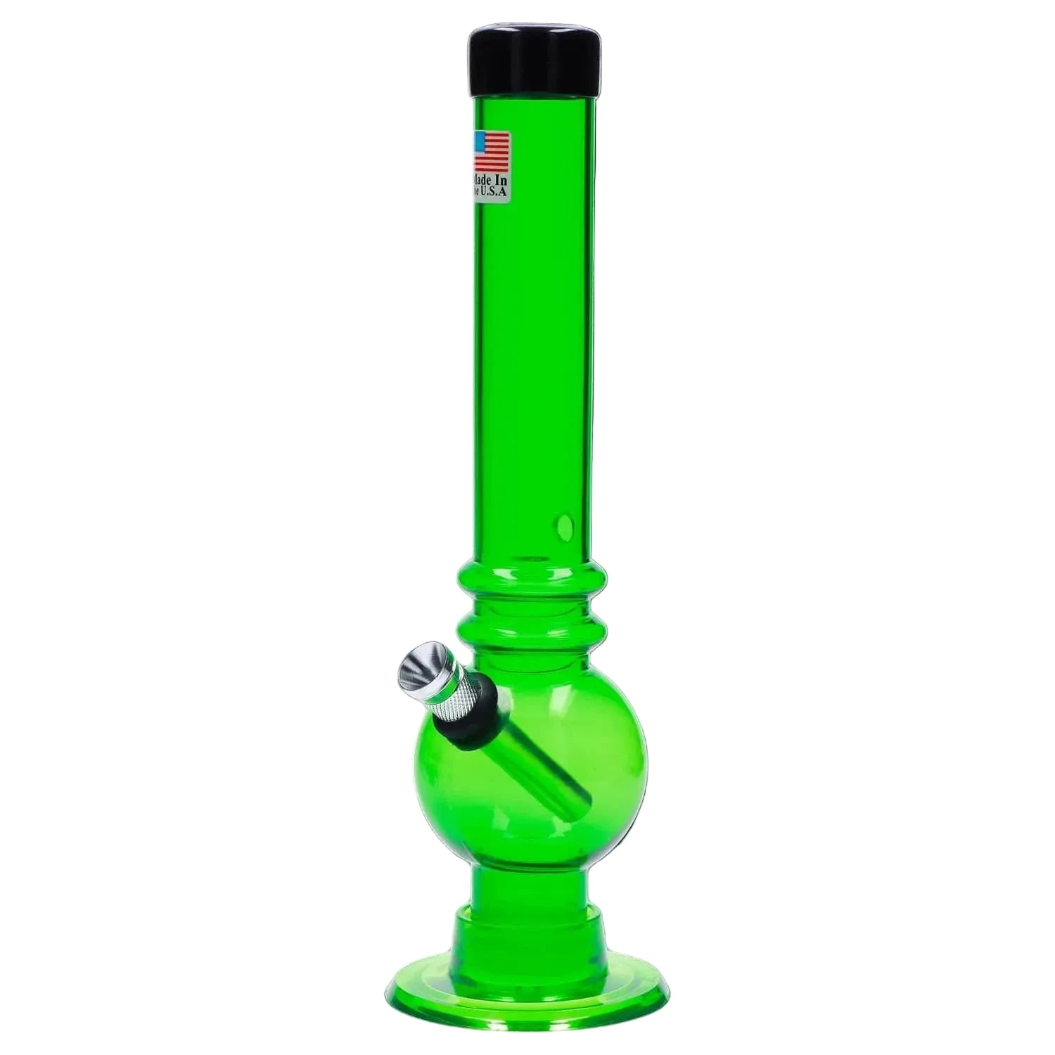 Center-frontal view of the JM Plastics Bubble Base with Grip and Carb Hole Acrylic Bong - 8 in., shown in translucent green against a white background with its metal downstem and rounded bubble base visible.