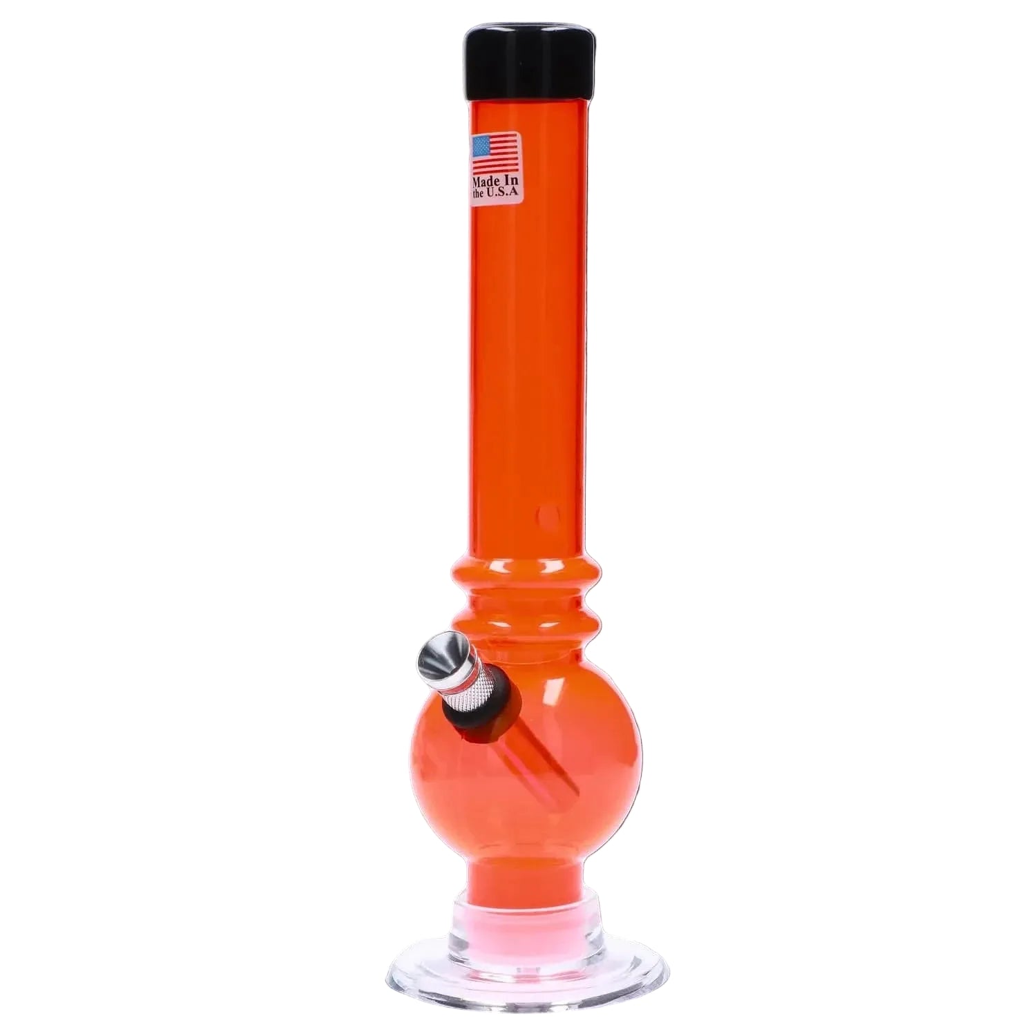 Front view of the JM Plastics Bubble Base with Grip and Carb Hole Acrylic Bong - 8 in. in translucent orange with a black mouthpiece cap, shown against a white background.