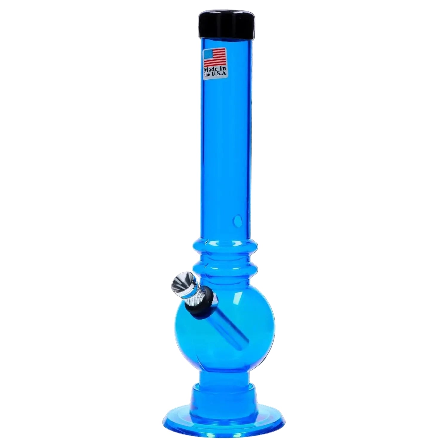 Front view of the JM Plastics Bubble Base with Grip and Carb Hole Acrylic Bong - 8 in. showing a tall translucent blue tube, round bubble chamber, angled metal bowl, and black mouthpiece cap on a white background