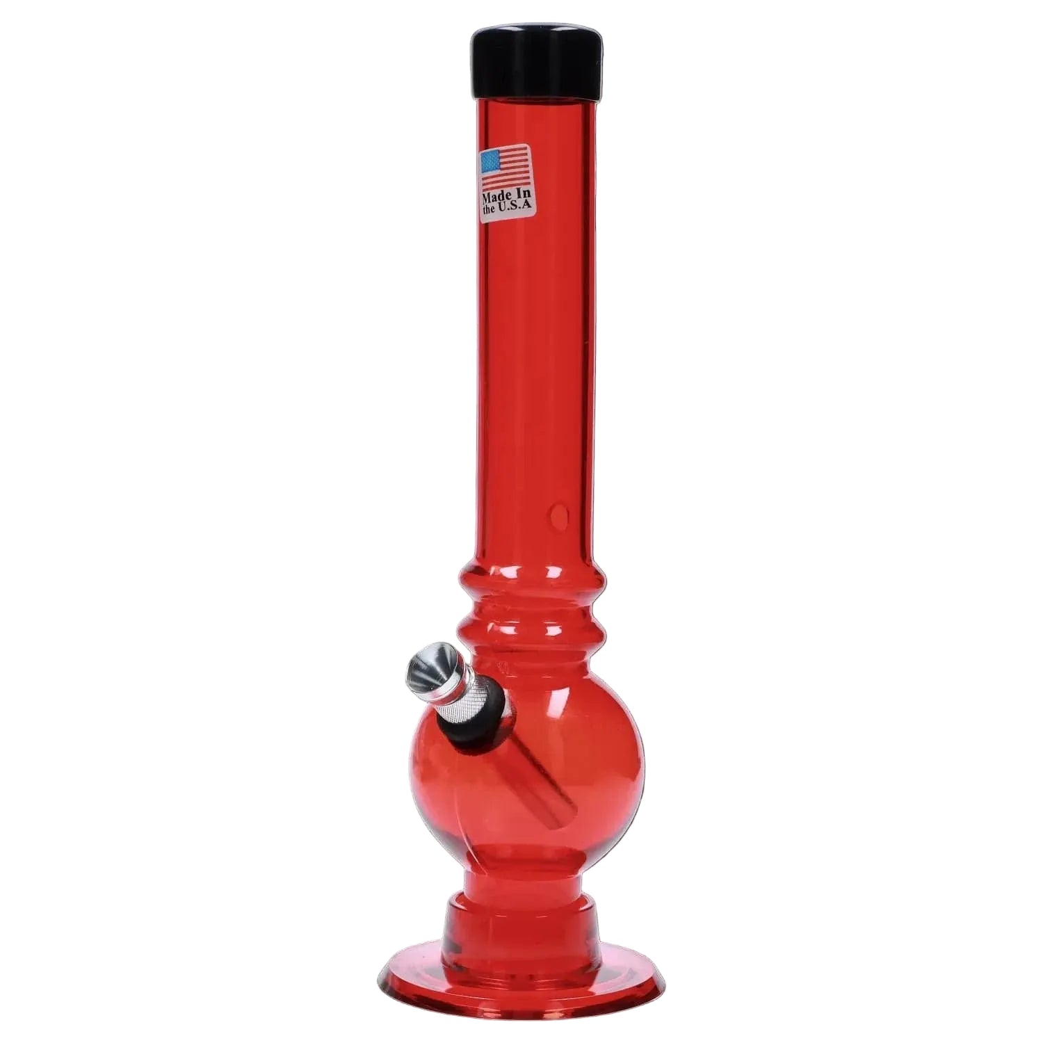 Straight-on view of the JM Plastics Bubble Base with Grip and Carb Hole Acrylic Bong - 8 in., shown in translucent red on white.