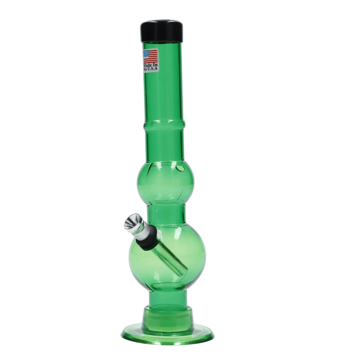 Front view of the JM Plastics Double Bubble with Grip and Carb Hole Acrylic Bong - 8 in., shown in translucent green with a black mouthpiece cap against a white background.