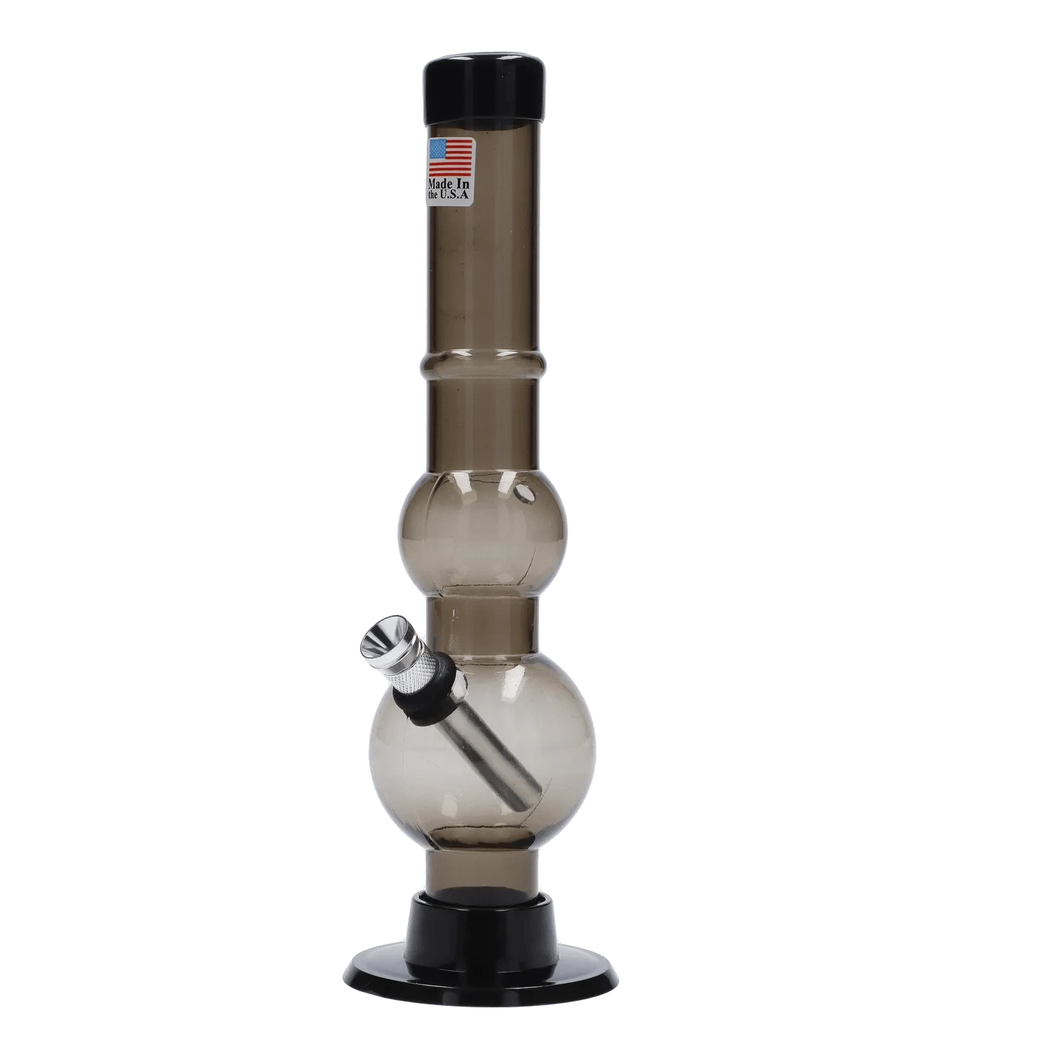 Front view of the JM Plastics Double Bubble with Grip and Carb Hole Acrylic Bong - 8 in., shown in smoky brown with two stacked spheres, a metal downstem angled into the lower chamber, and a black base.