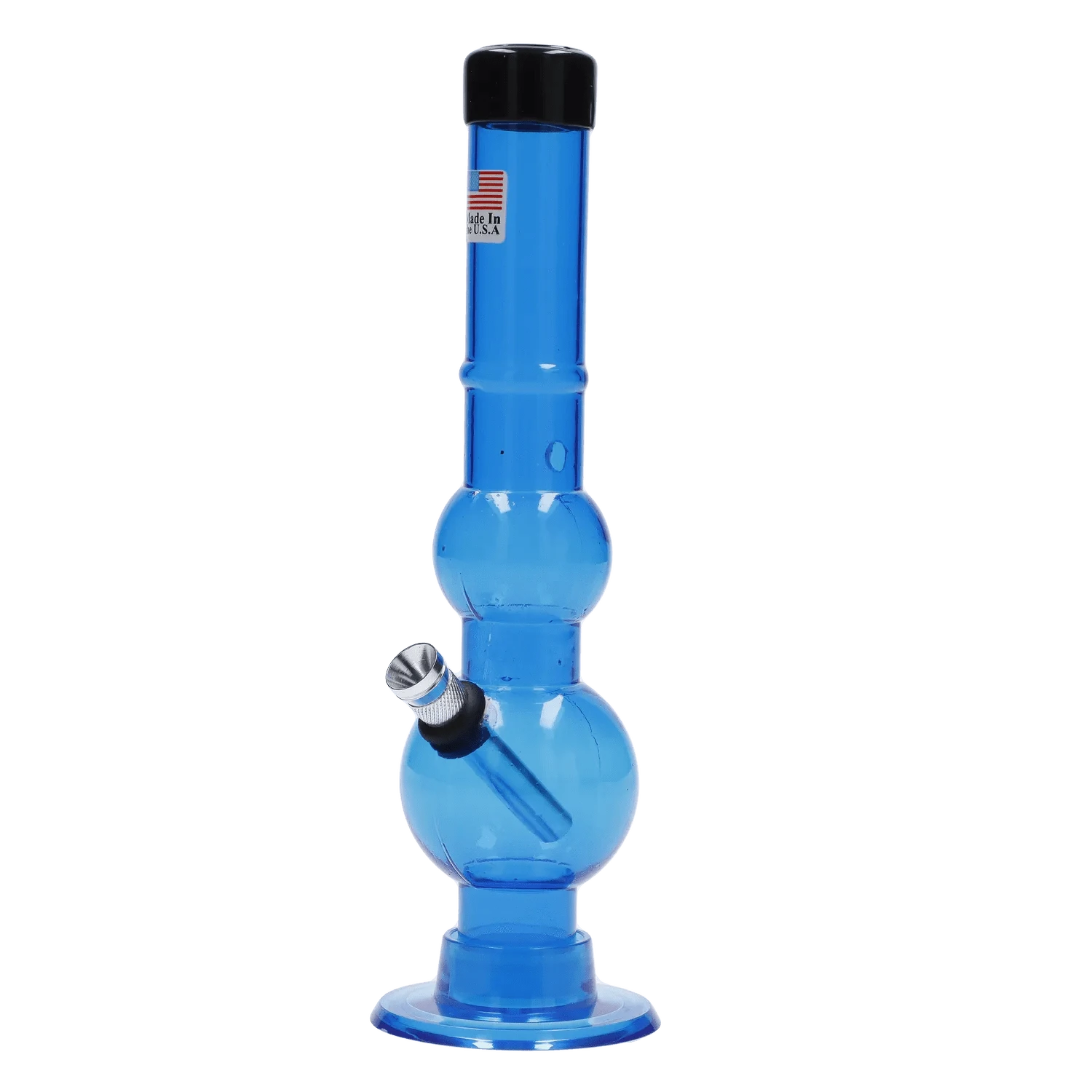 Centered front view of the JM Plastics Double Bubble with Grip and Carb Hole Acrylic Bong - 8 in., shown in translucent blue against a white background.