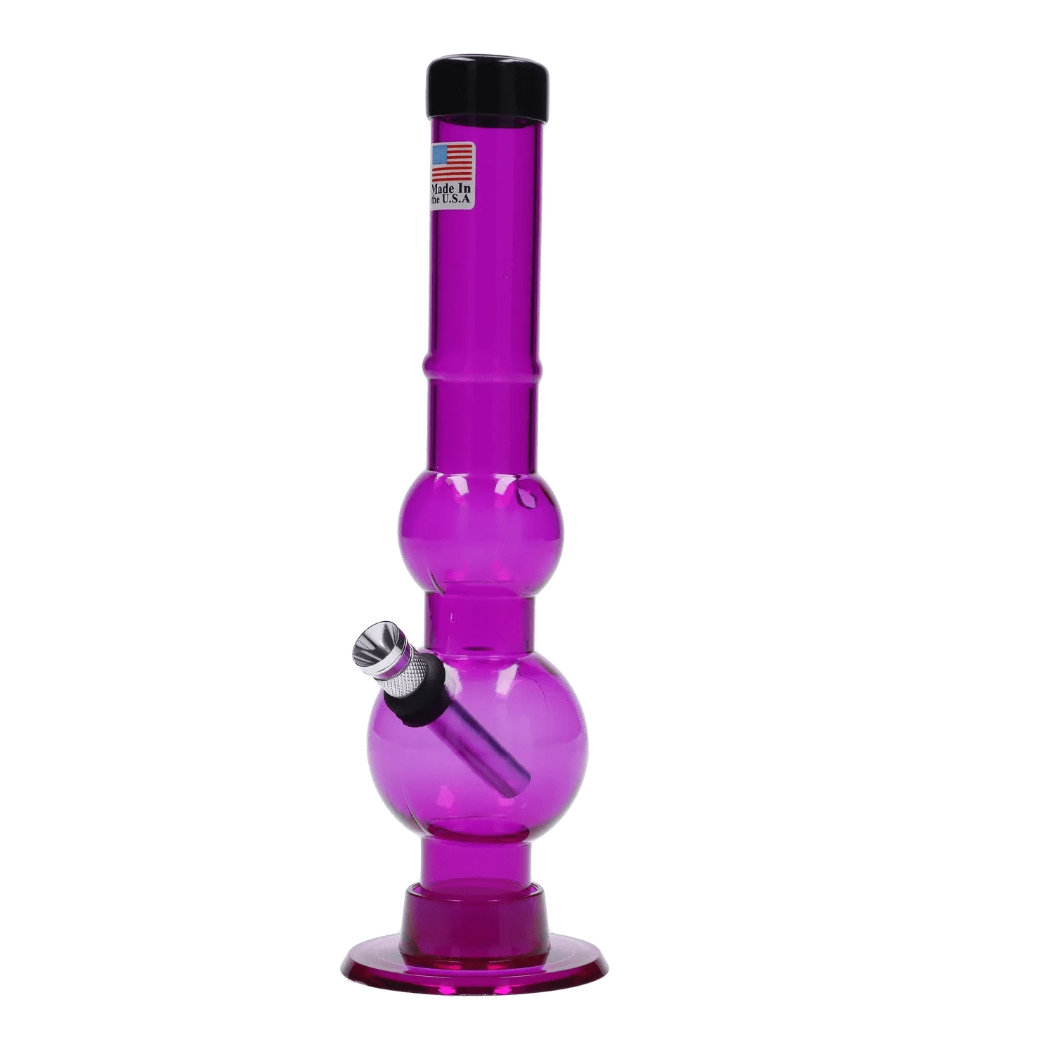 Centered front view of the JM Plastics Double Bubble with Grip and Carb Hole Acrylic Bong - 8 in., shown in translucent dark purple with a black mouthpiece and metal downstem.