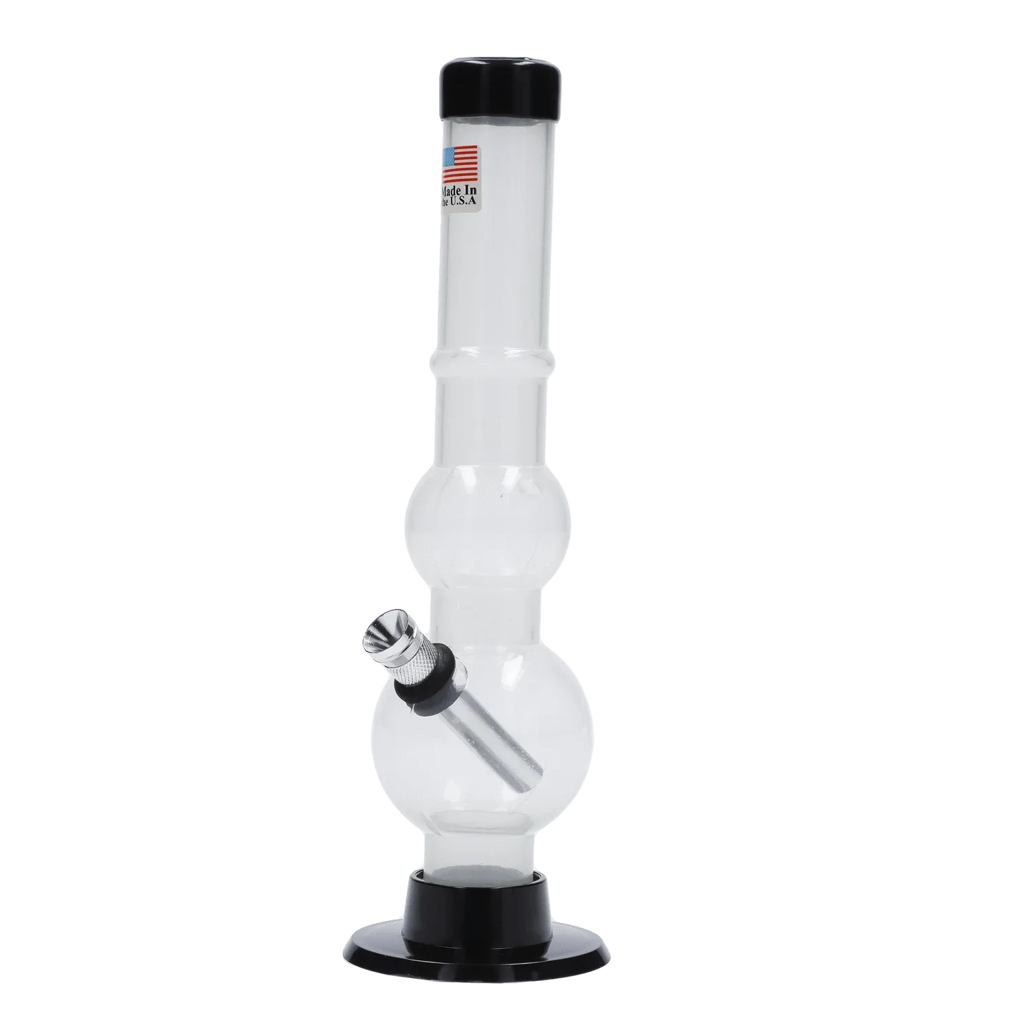 Front view of the JM Plastics Double Bubble with Grip and Carb Hole Acrylic Bong - 8 in., a clear double-bubble tube with black mouthpiece and base against a white background