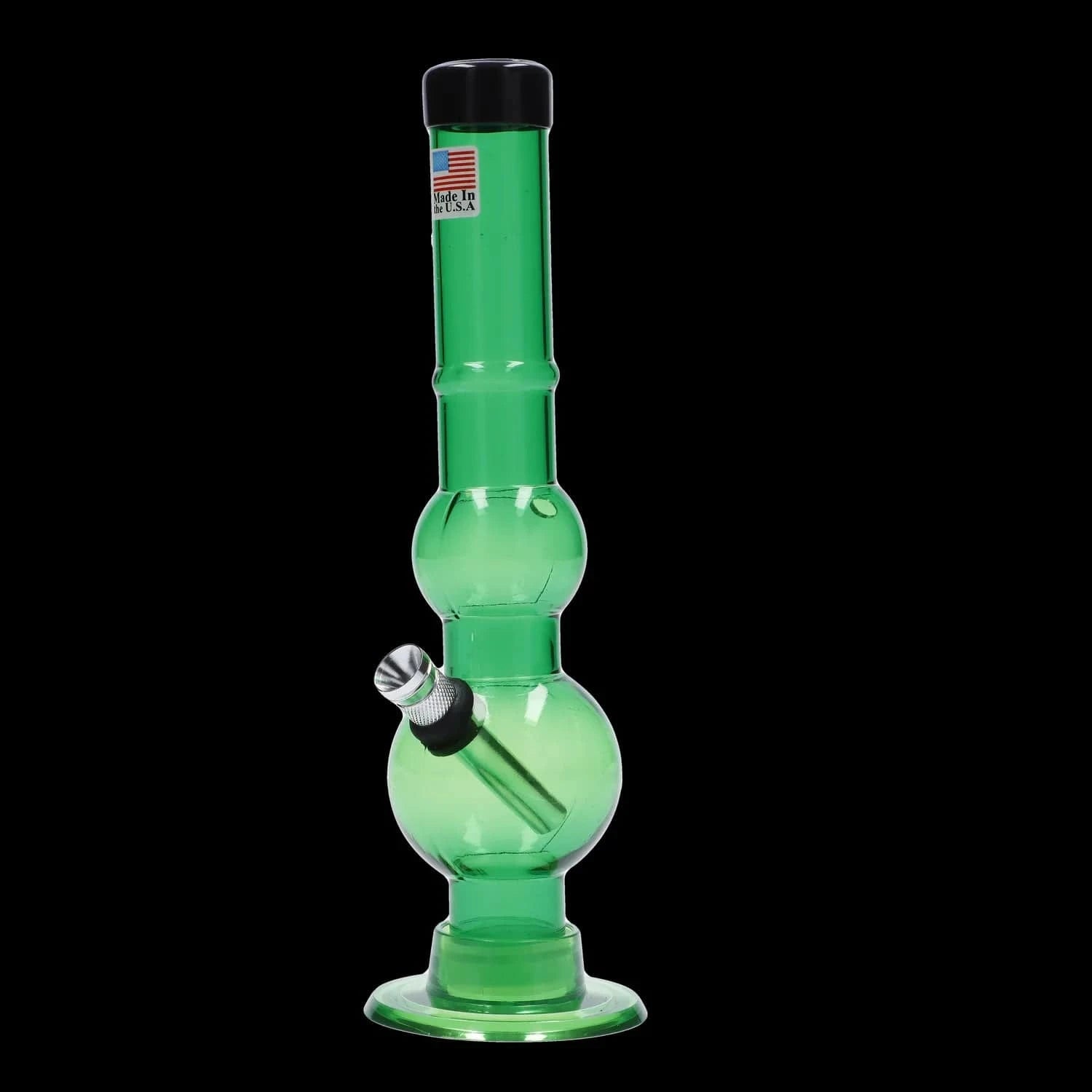 Centered front view of the JM Plastics Double Bubble with Grip and Carb Hole Acrylic Bong showing its green twin-bubble silhouette.