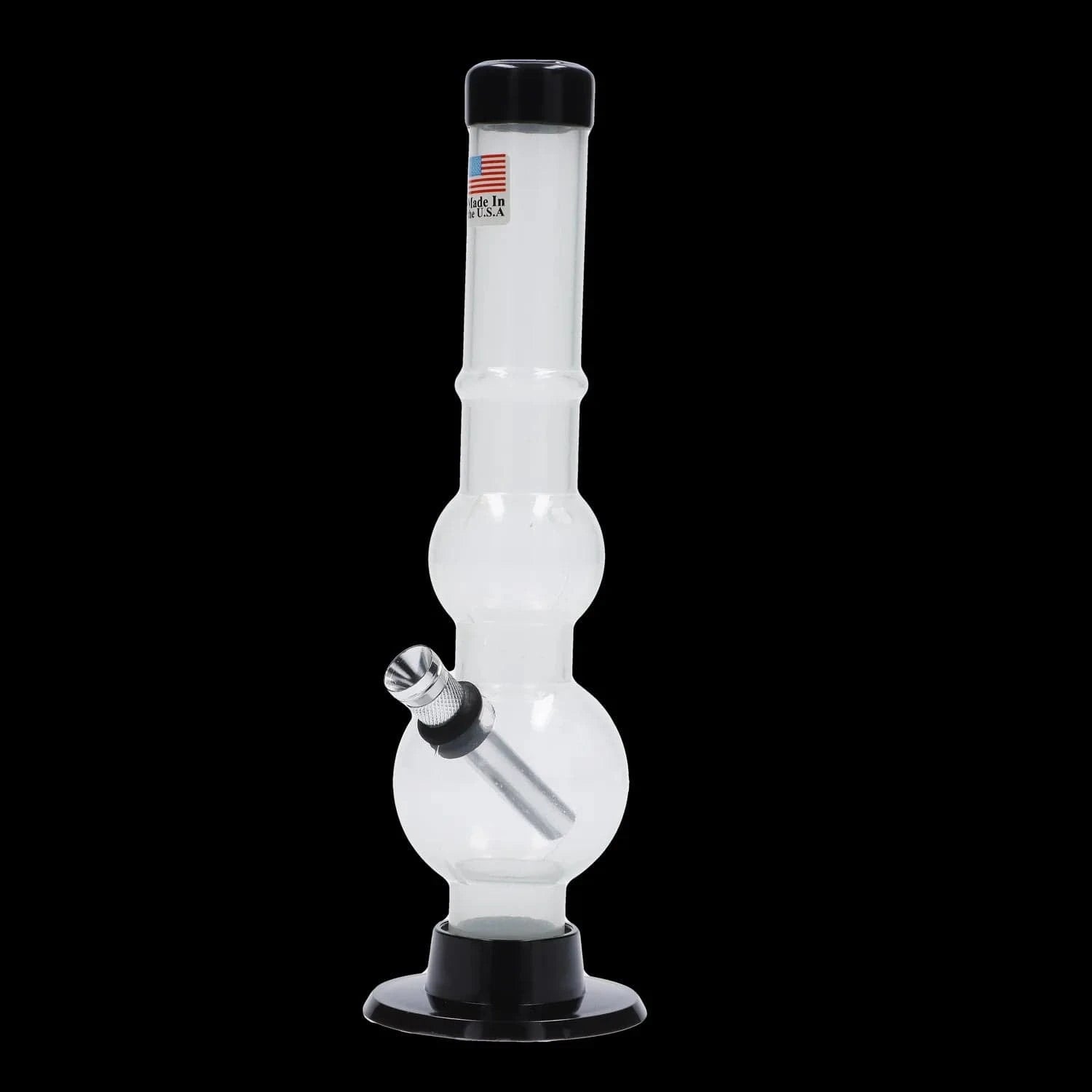 Centered front view of a clear JM Plastics Double Bubble with Grip and Carb Hole Acrylic Bong - 8 in., lit against a black background showing its bubbled neck and angled metal downstem.