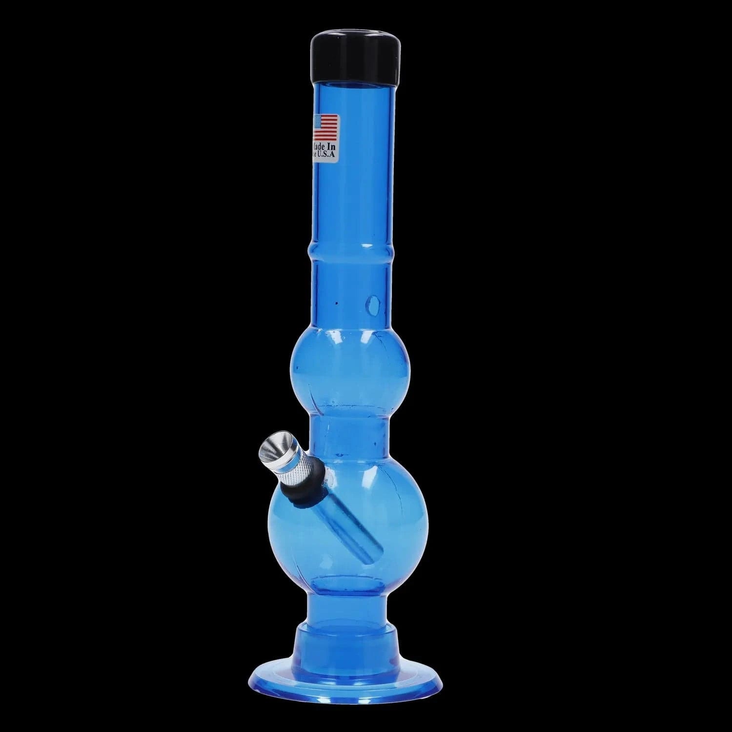 Vertical front view of the JM Plastics Double Bubble with Grip and Carb Hole Acrylic Bong - 8 in., shown in translucent blue against a black background.