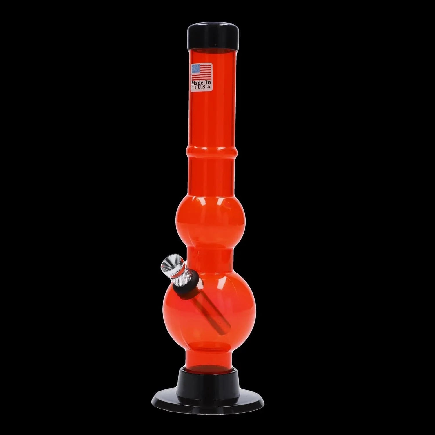 Centered front view of the JM Plastics Double Bubble with Grip and Carb Hole Acrylic Bong - 8 in., a red double-bubble tube photographed against a black background.
