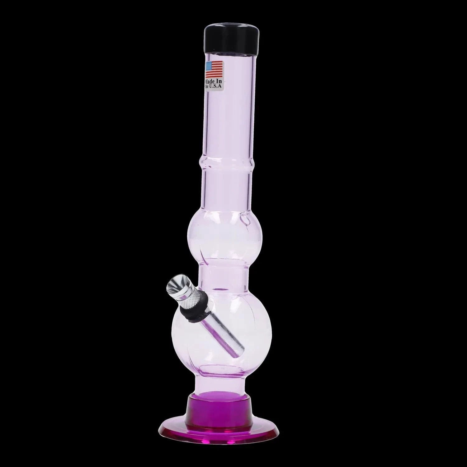 Vertical close-up of the clear with red base JM Plastics Double Bubble with Grip and Carb Hole Acrylic Bong - 8 in., shown against a black background.
