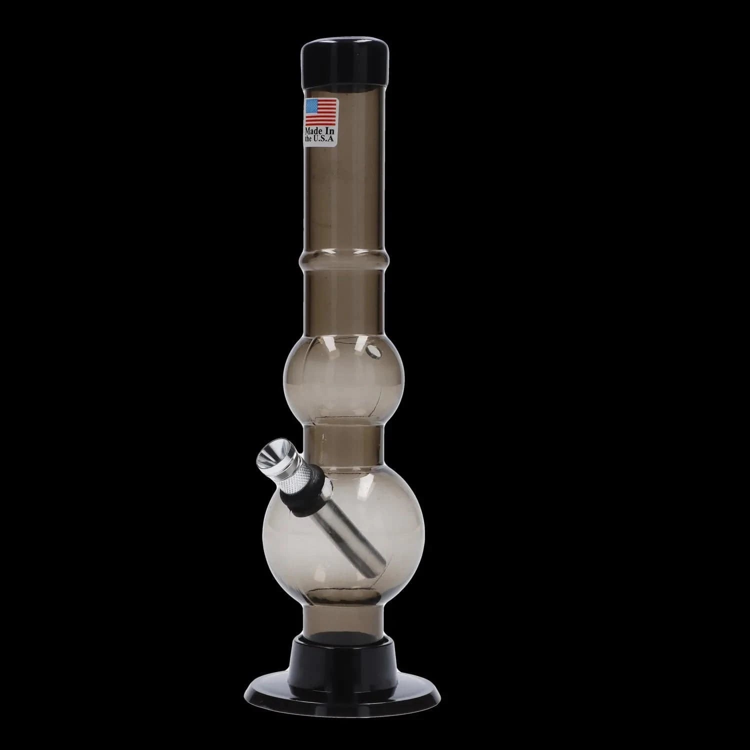 Front view of the JM Plastics Double Bubble with Grip and Carb Hole Acrylic Bong - 8 in. showing its smoke-tinted double-bubble neck and angled metal downstem against a black background