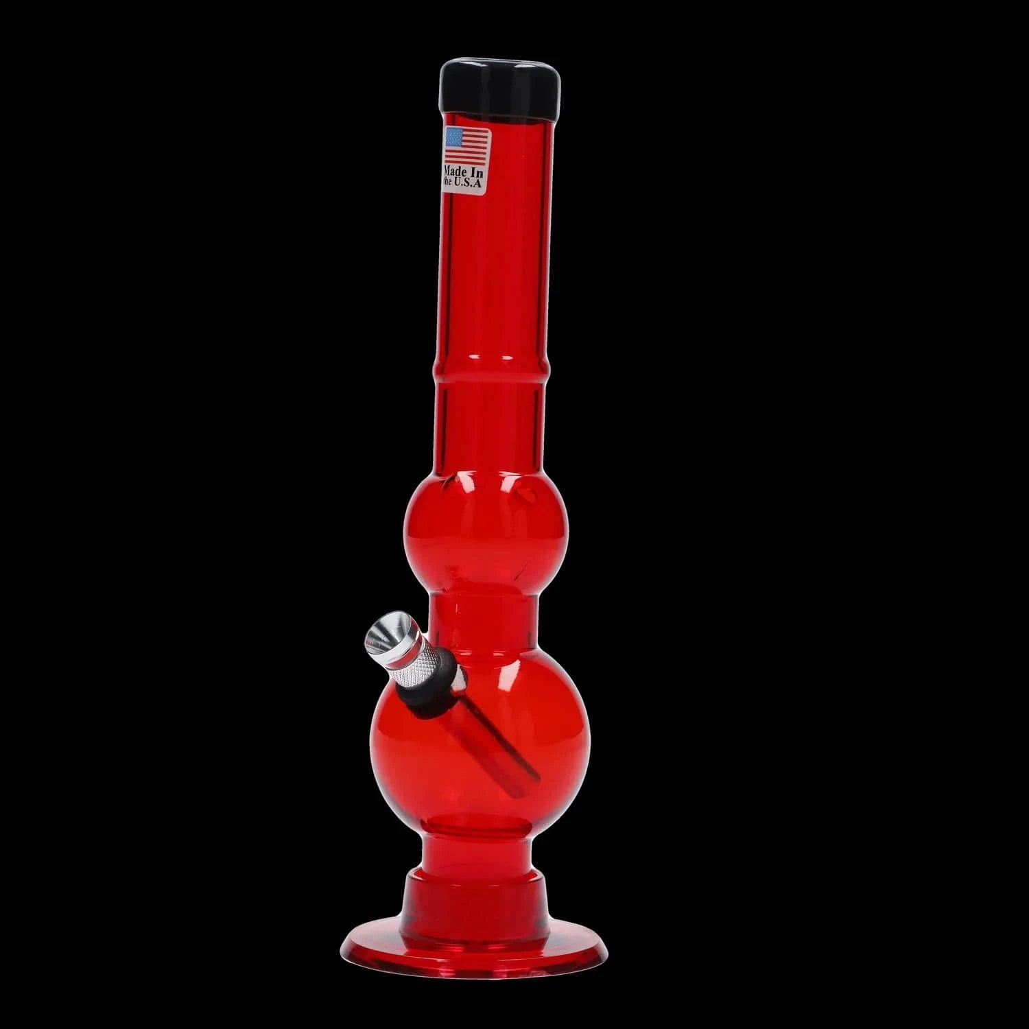 Centered front view of the JM Plastics Double Bubble with Grip and Carb Hole Acrylic Bong - 8 in., shown in translucent red against a black background.