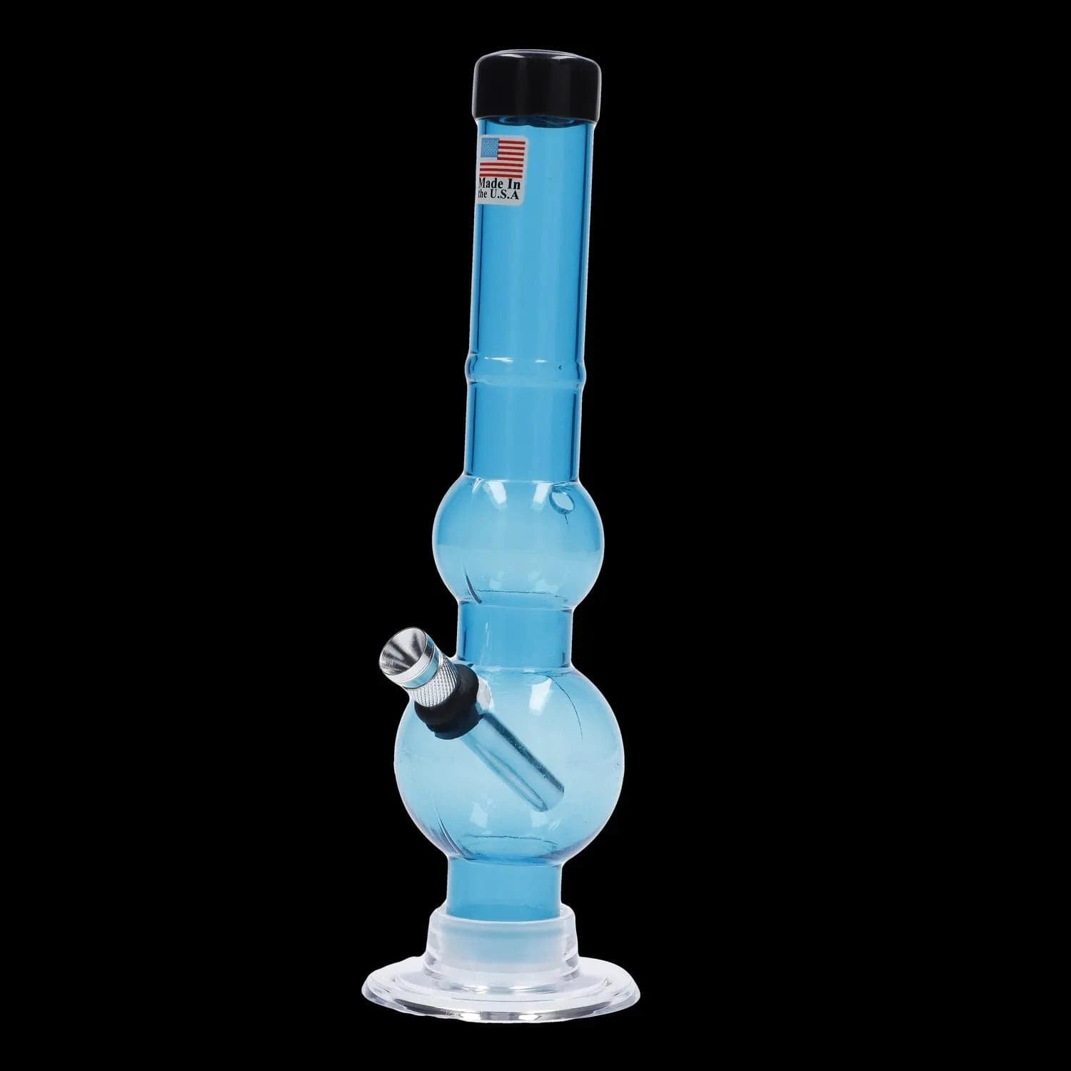 Vertical close-up of the JM Plastics Double Bubble with Grip and Carb Hole Acrylic Bong - 8 in., showing its orange-tinted double-bubble chamber, angled metal bowl, and black background.