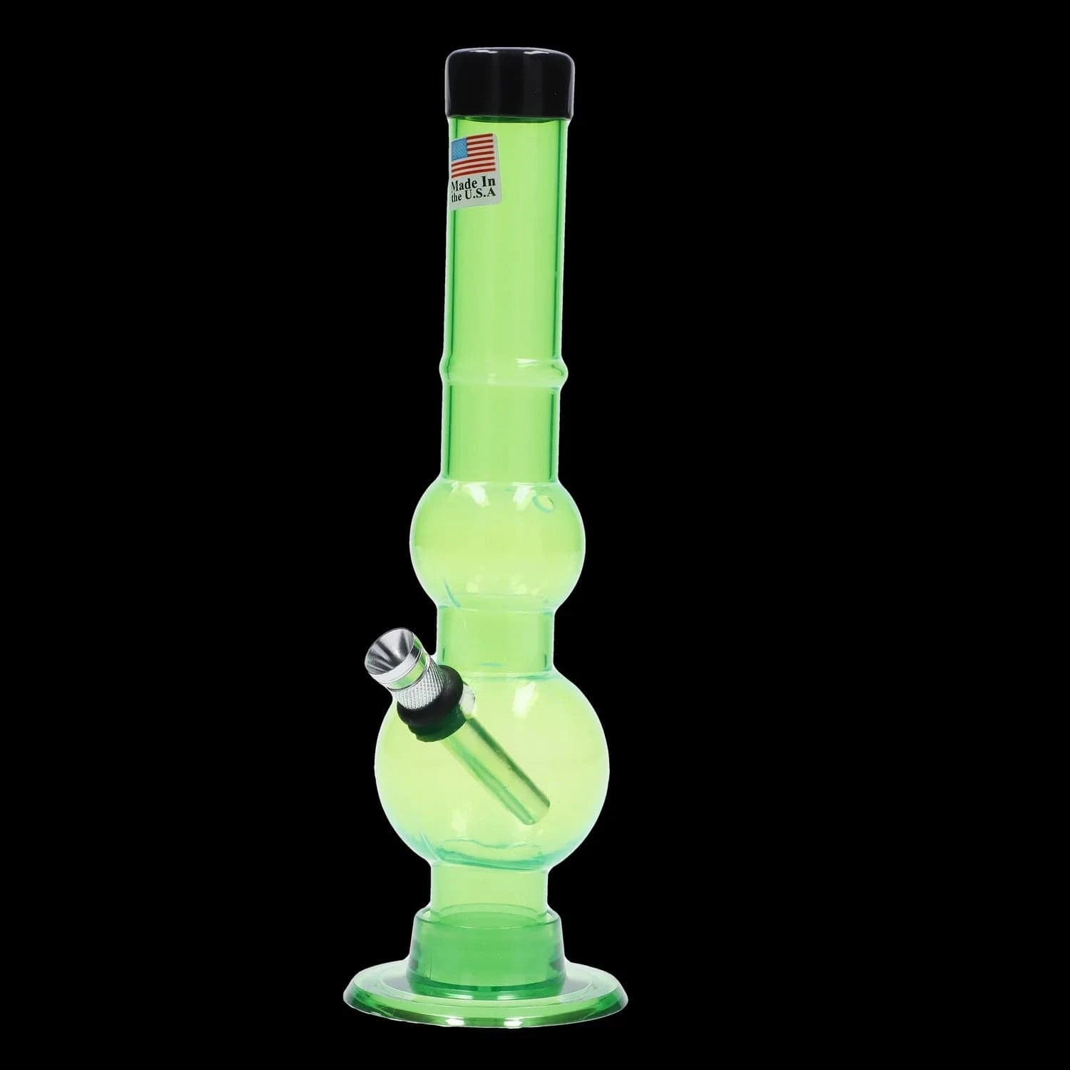 Centered front view of the JM Plastics Double Bubble with Grip and Carb Hole Acrylic Bong - 8 in., shown in frosted clear green against a black background.