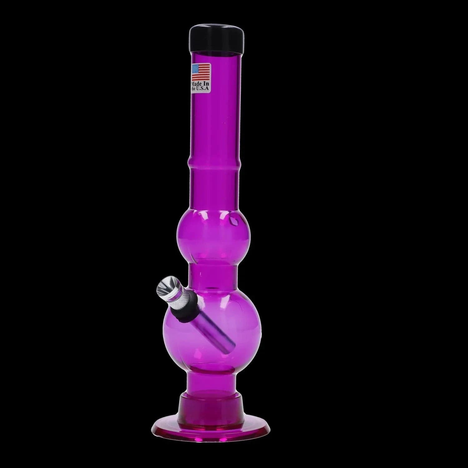 Vertical front view of a translucent purple JM Plastics Double Bubble with Grip and Carb Hole Acrylic Bong against a black background