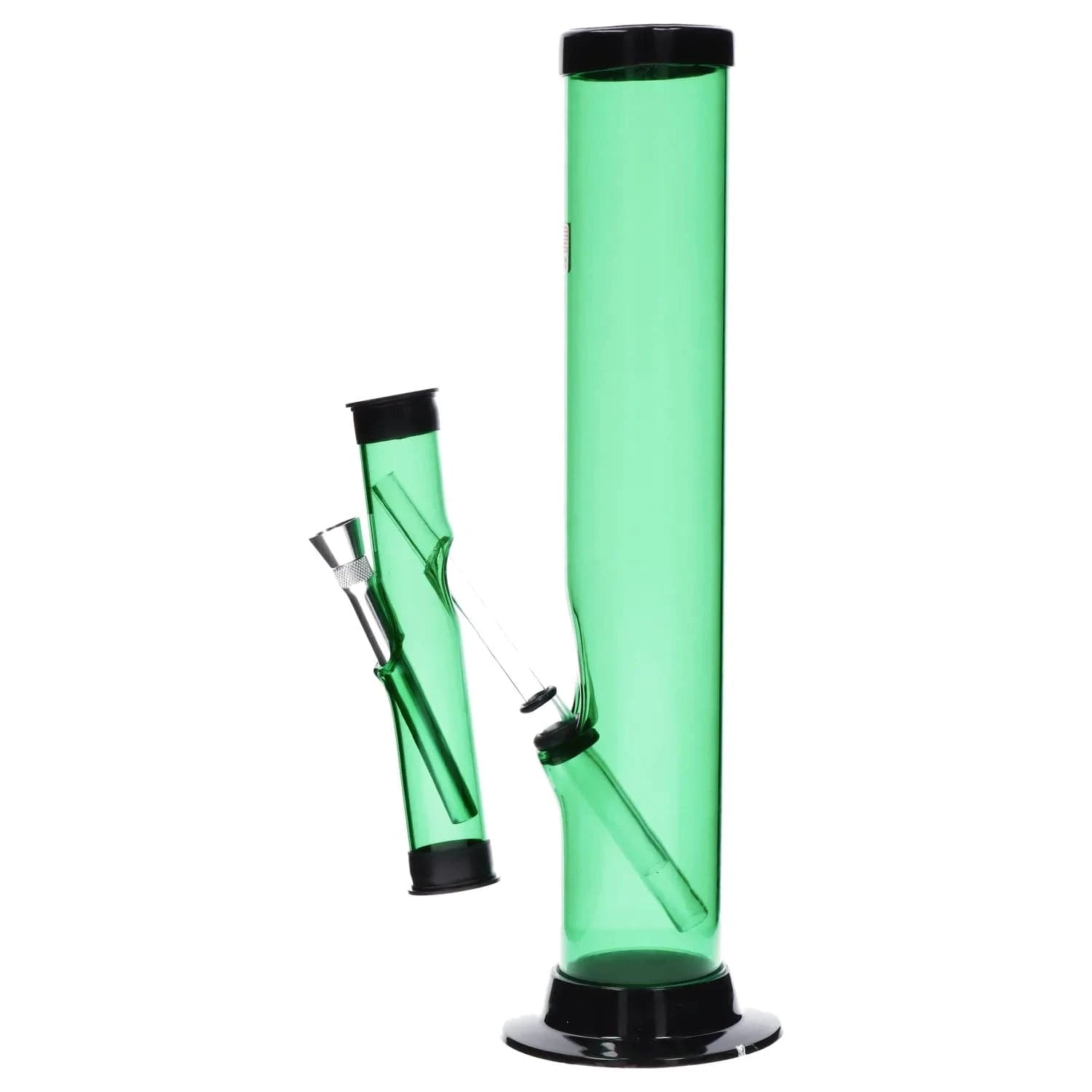 Studio-lit close-up of the green 12-inch JM Plastics Double Trouble Straight Tube Acrylic Bong showing its angled downstem and black base.