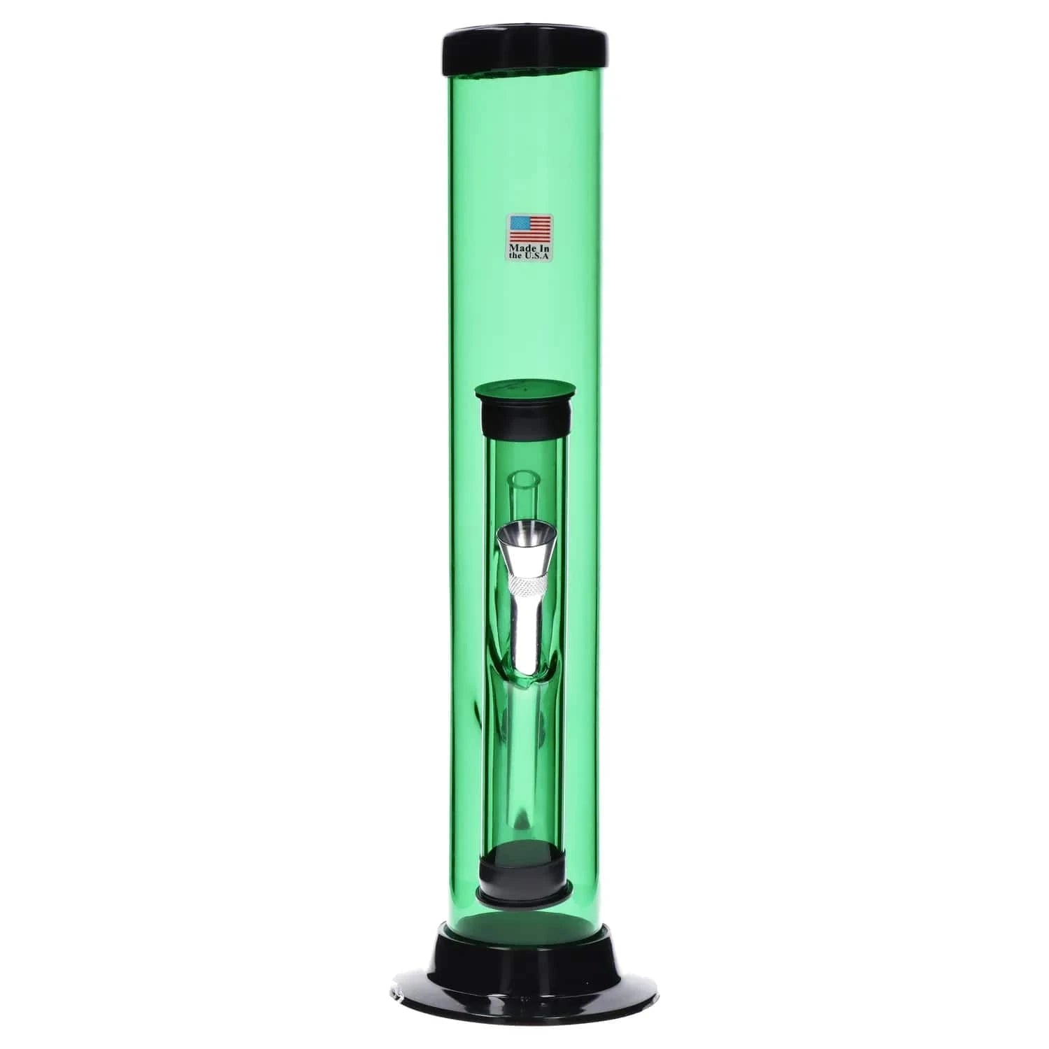 Centered front view of the green 12-inch JM Plastics Double Trouble Straight Tube Acrylic Bong showing its straight cylindrical tube, black base and mouthpiece, and internal downstem against a white background