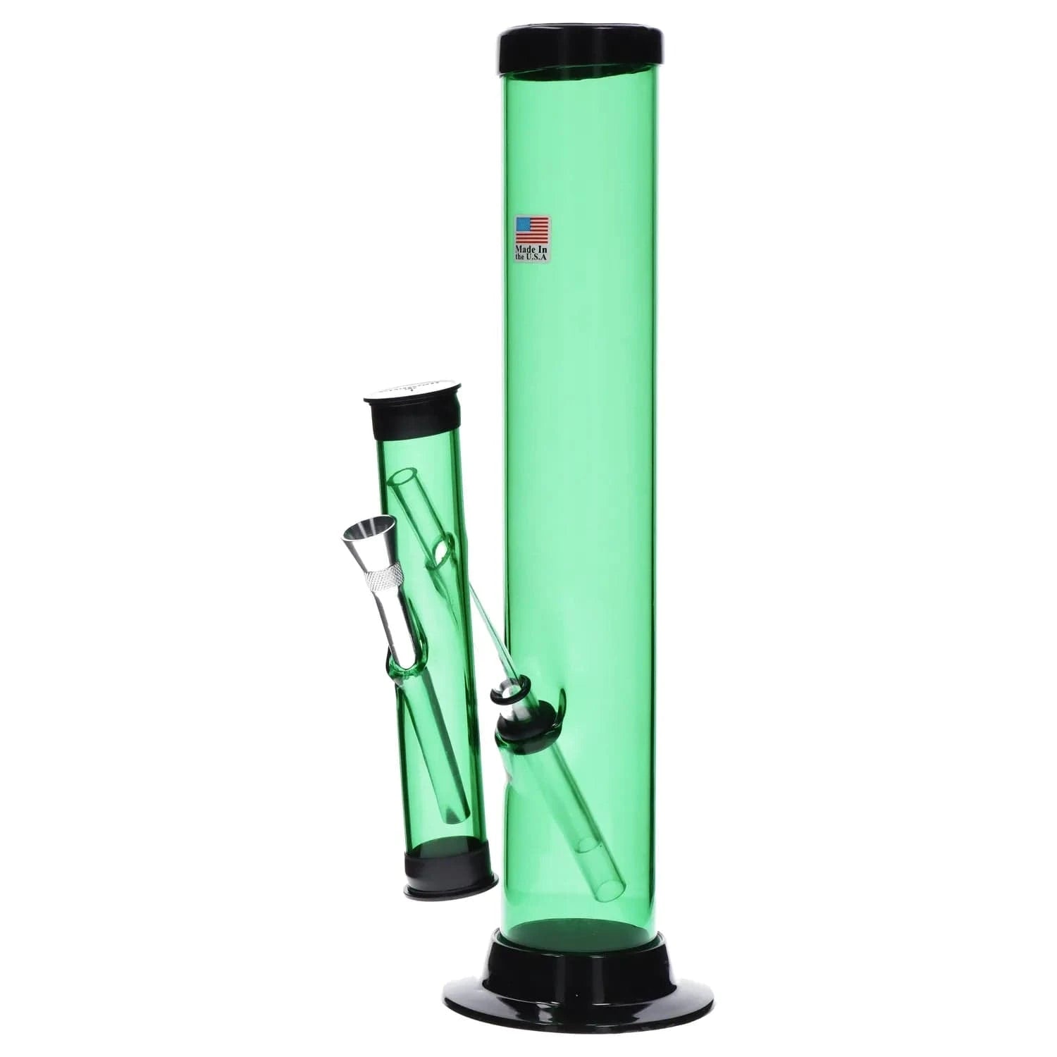 Right-side close-up of the Light Blue JM Plastics Double Trouble Straight Tube Acrylic Bong - 12 in., showing its tall translucent tube, angled downstem and metal bowl against a white background.