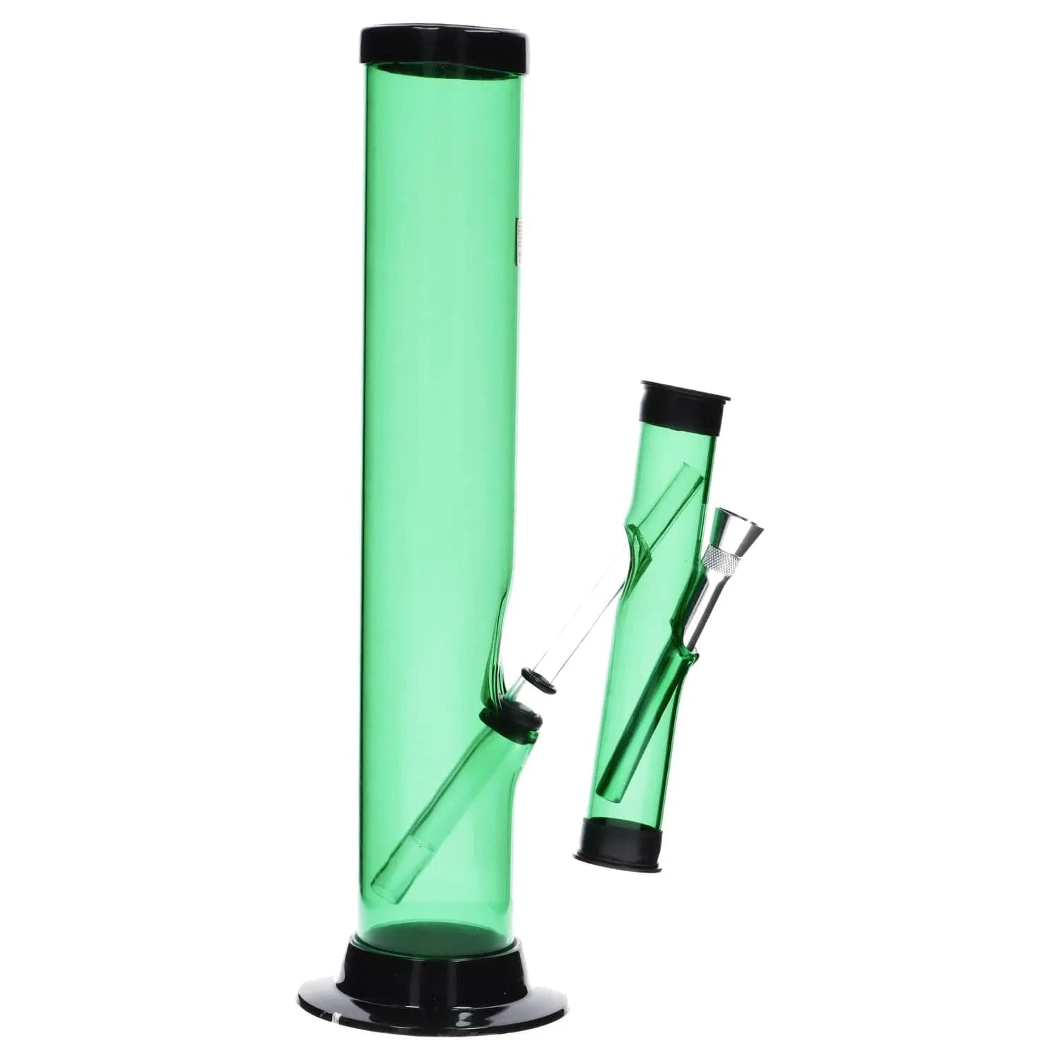 Three-quarter view of the dark green JM Plastics Double Trouble Straight Tube Acrylic Bong - 12 in., shown upright against a white background with its angled downstem and metal bowl visible.