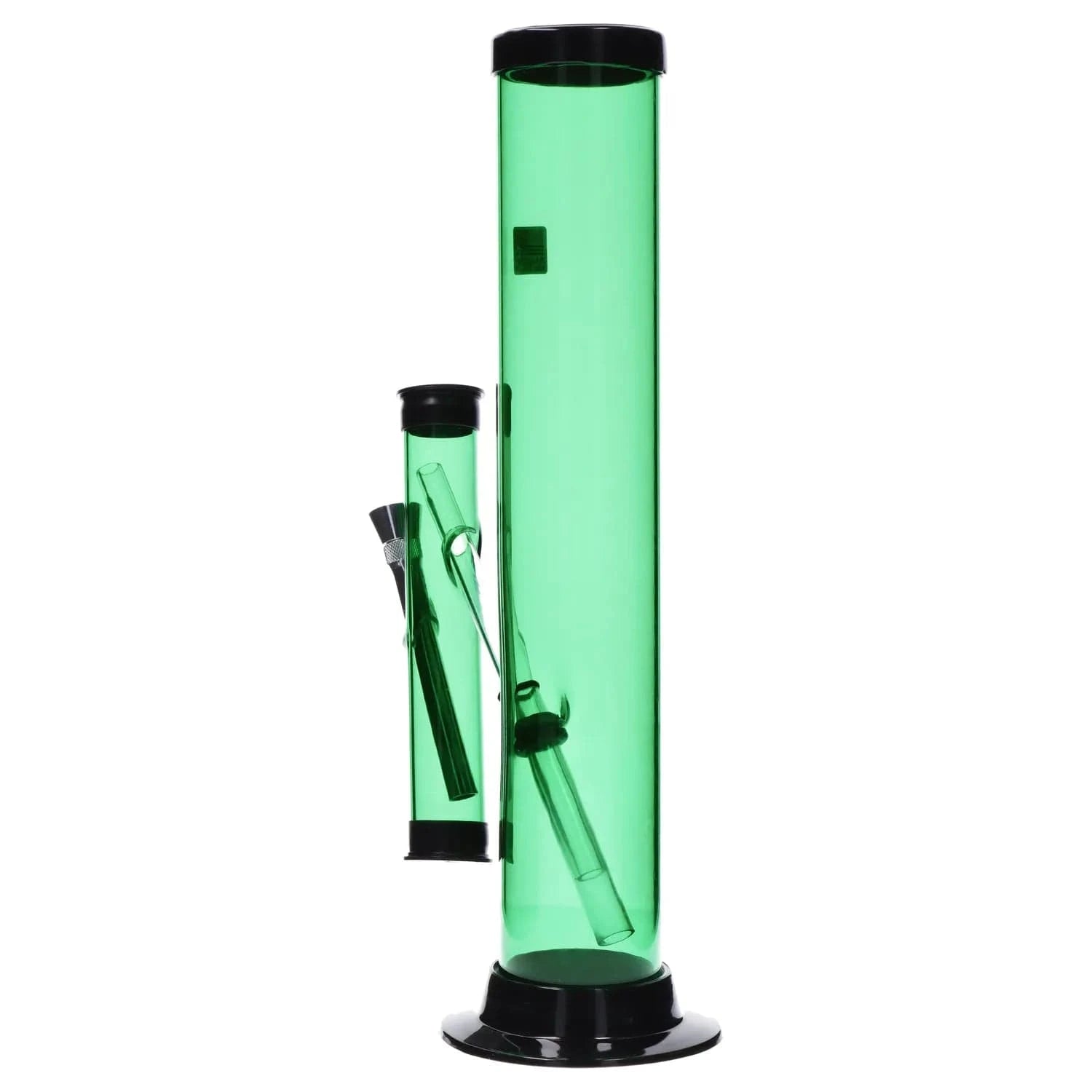 Tall, straight side view of the green JM Plastics Double Trouble Straight Tube Acrylic Bong - 12 in. showing its two parallel tubes, black caps, and angled downstems.
