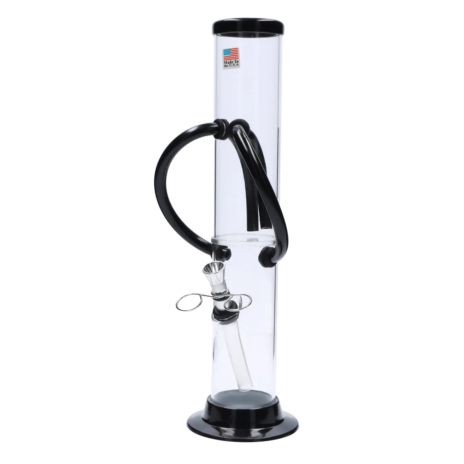 Front view of the Acrylic Bong 2 X 12" showing a clear cylindrical tube with black rim, black handle loop and metal bowl attached.