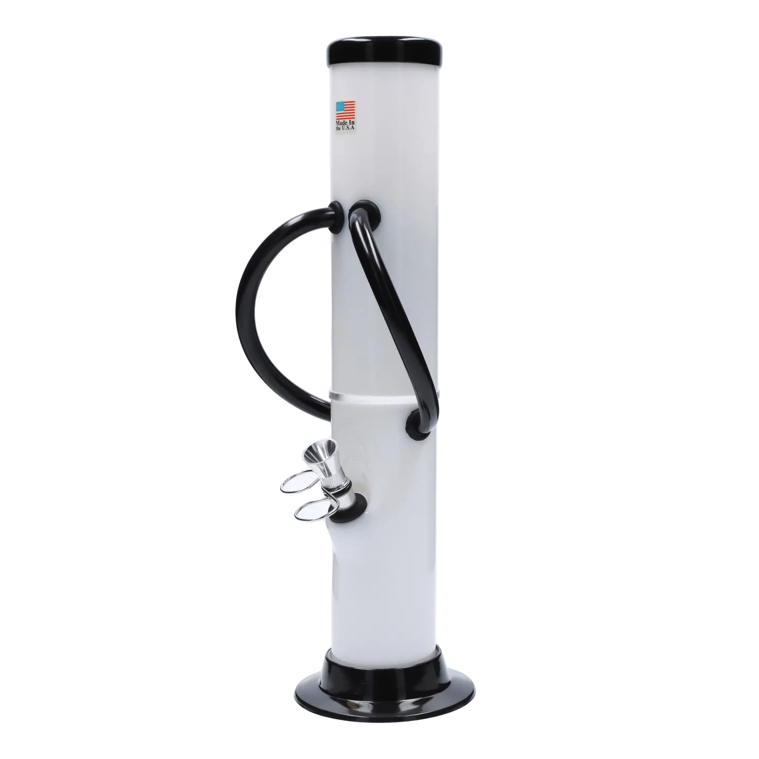 Vertical close-up of the Acrylic Bong 2 X 12" showing its white cylindrical body, black handles and base, and metal bowl angled forward.