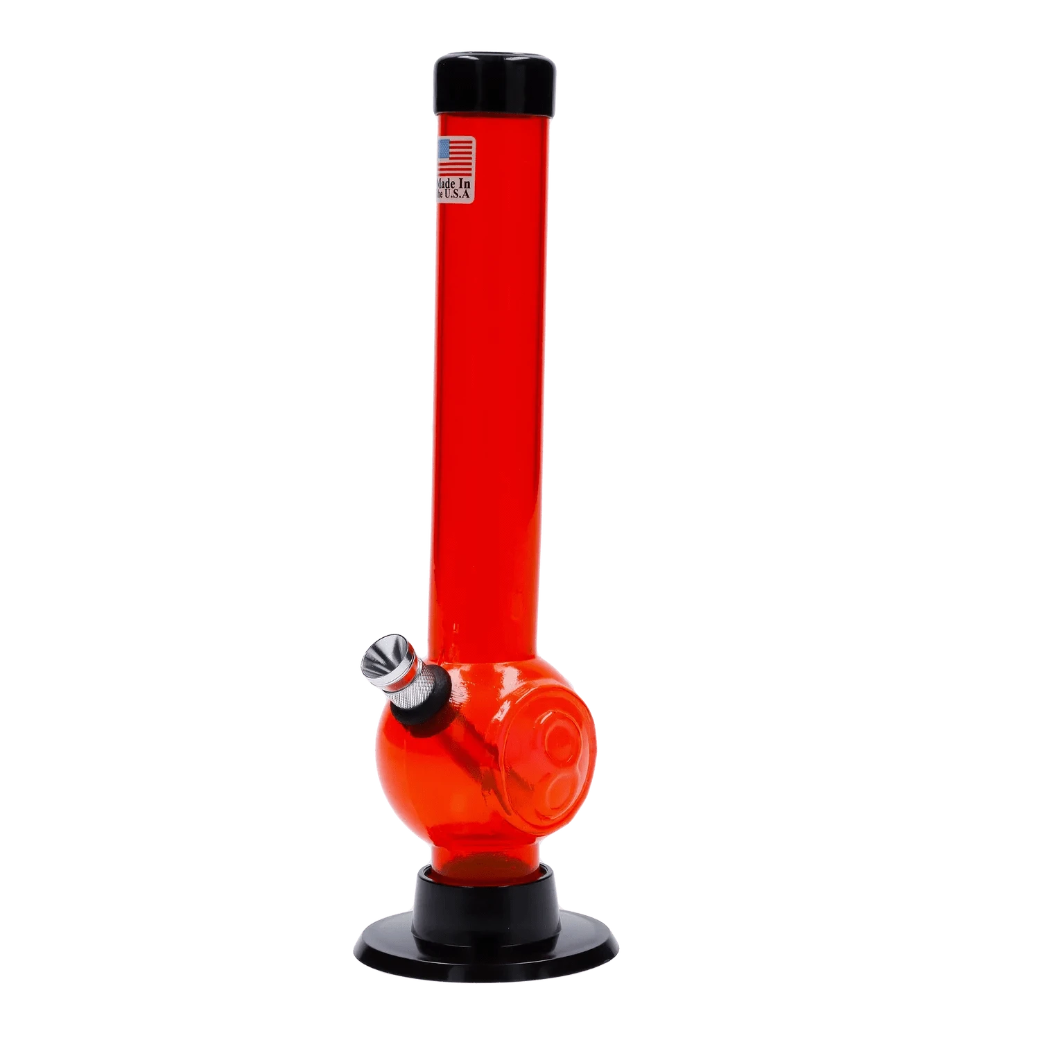 Front view of the JM Plastics Magic 8 Ball Base with Carb Hole Acrylic Bong - 8 in., shown in translucent red with a black mouthpiece and base.